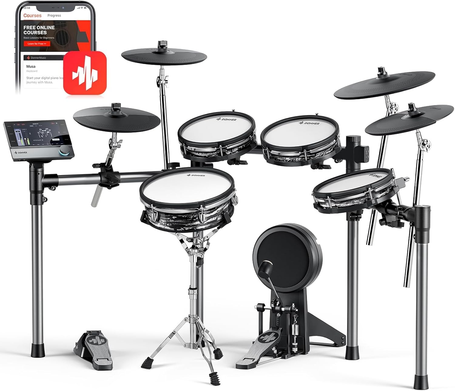 Donner Beat Max Electronic Drum Set, Electric Drum Kit with 12" Quiet Mesh Drum Pads, 14" Cymbals w/Choke, 100 Kits and 1100+ Sounds, Sticks, USB MIDI, DONNER PLAY app (5 Pads, 4Cymbals)