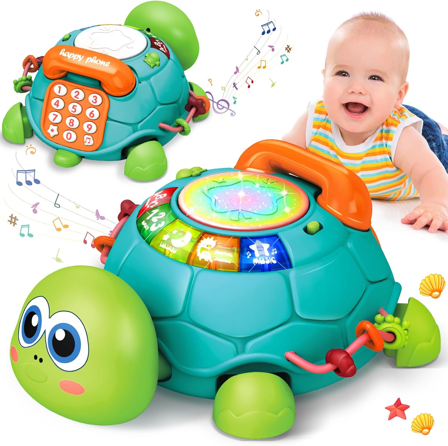 Baby Toys 6 to 12 Month Crawling Turtle Sensory Toys for 1 Year Old Babies Toddler kids Infant Girls Boys Musical Phone Learning Educational Lights/Music/Number Letter Christmas 1st Birthday Toy Gift