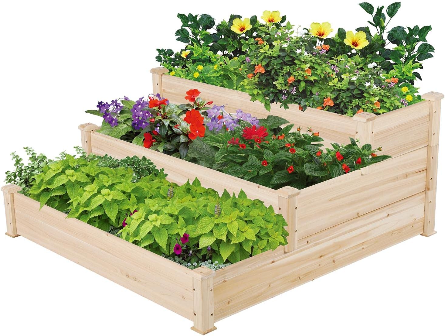 Yaheetech 3 Tier Raised Garden Bed Wooden Plant Raised Bed Elevated Planter Box Kit for Flowers/Vegetables/Herbs,120 x 120 x 56cm