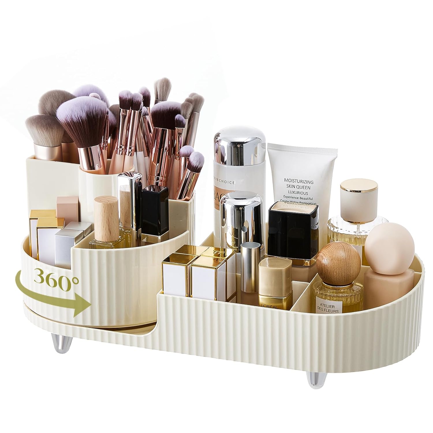 Makeup Organizer with 360° Rotating Makeup Brush Holder, Large Capacity Countertop Makeup Organizer, Skincare Organizer for Vanity, Gifts, Women (lvory)