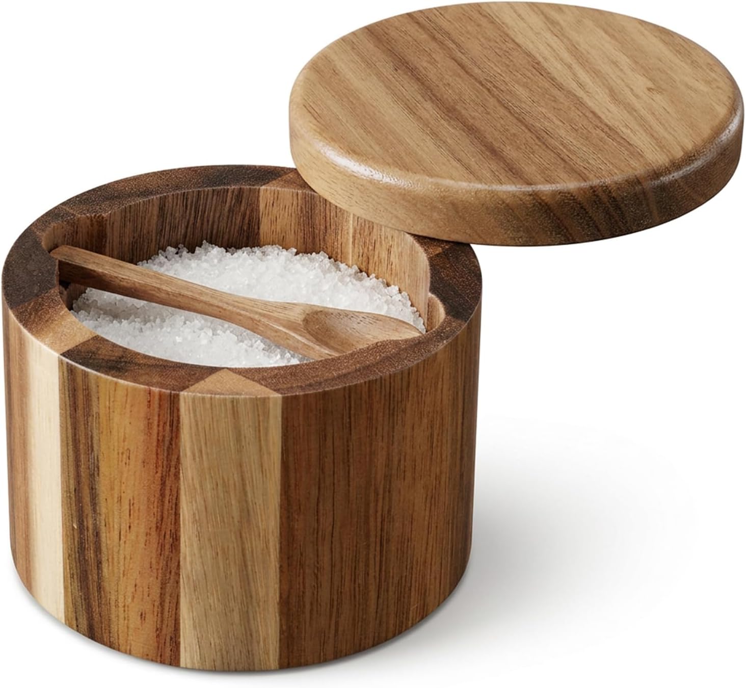 Salt Cellar, Acacia Wood Salt Container with Built-in Spoon and Swivel Lid | 6oz Kitchen Holder Container for Pepper Spice Seasoning Storage, 360° Rotating Countertop Box for Bath