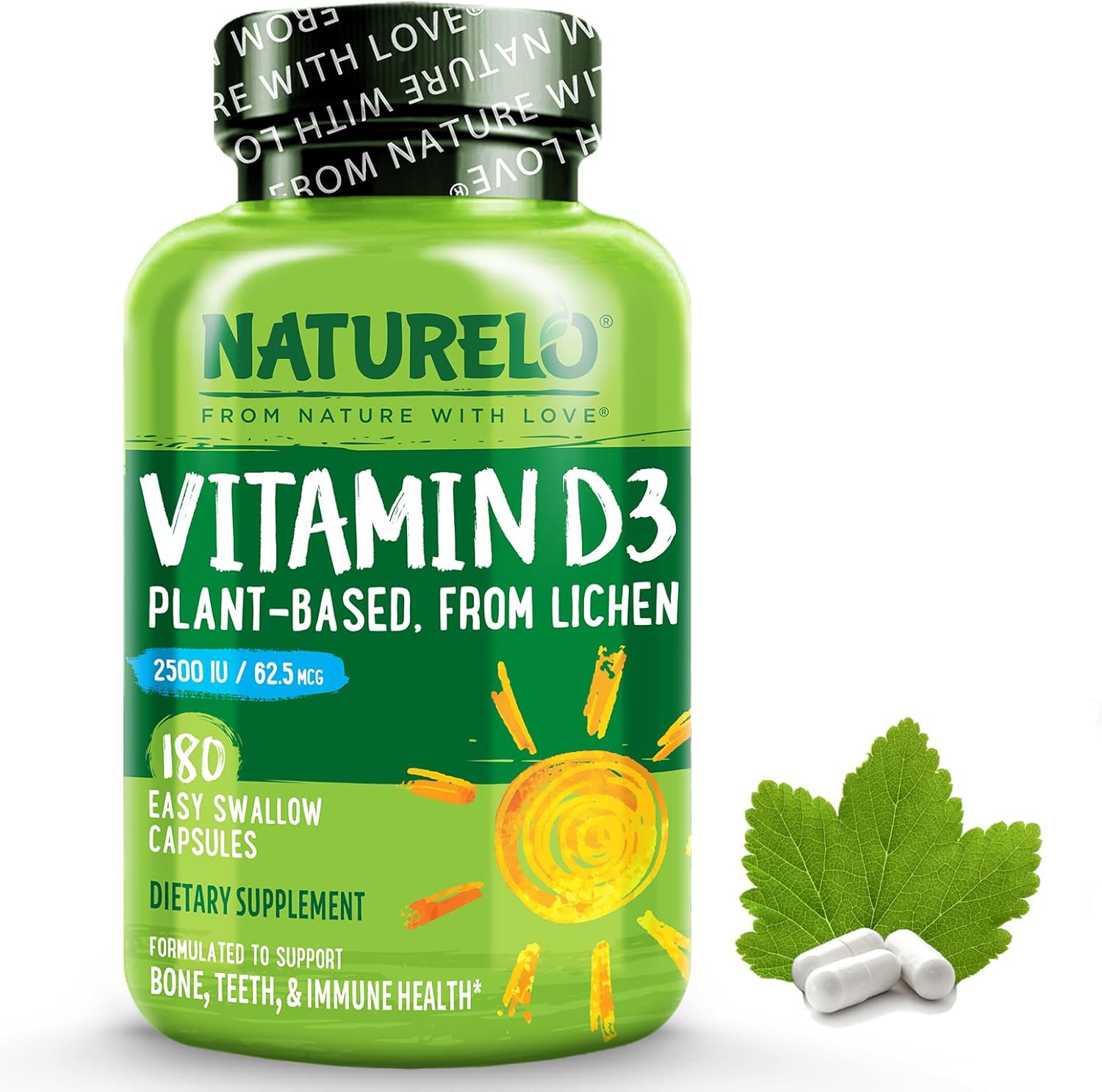 NATURELO Vitamin D - 2500 IU - Plant Based from Lichen - Natural D3 Supplement for Immune System, Bone Support, Joint Health - Vegan - Non-GMO - Gluten Free - 180 Capsules