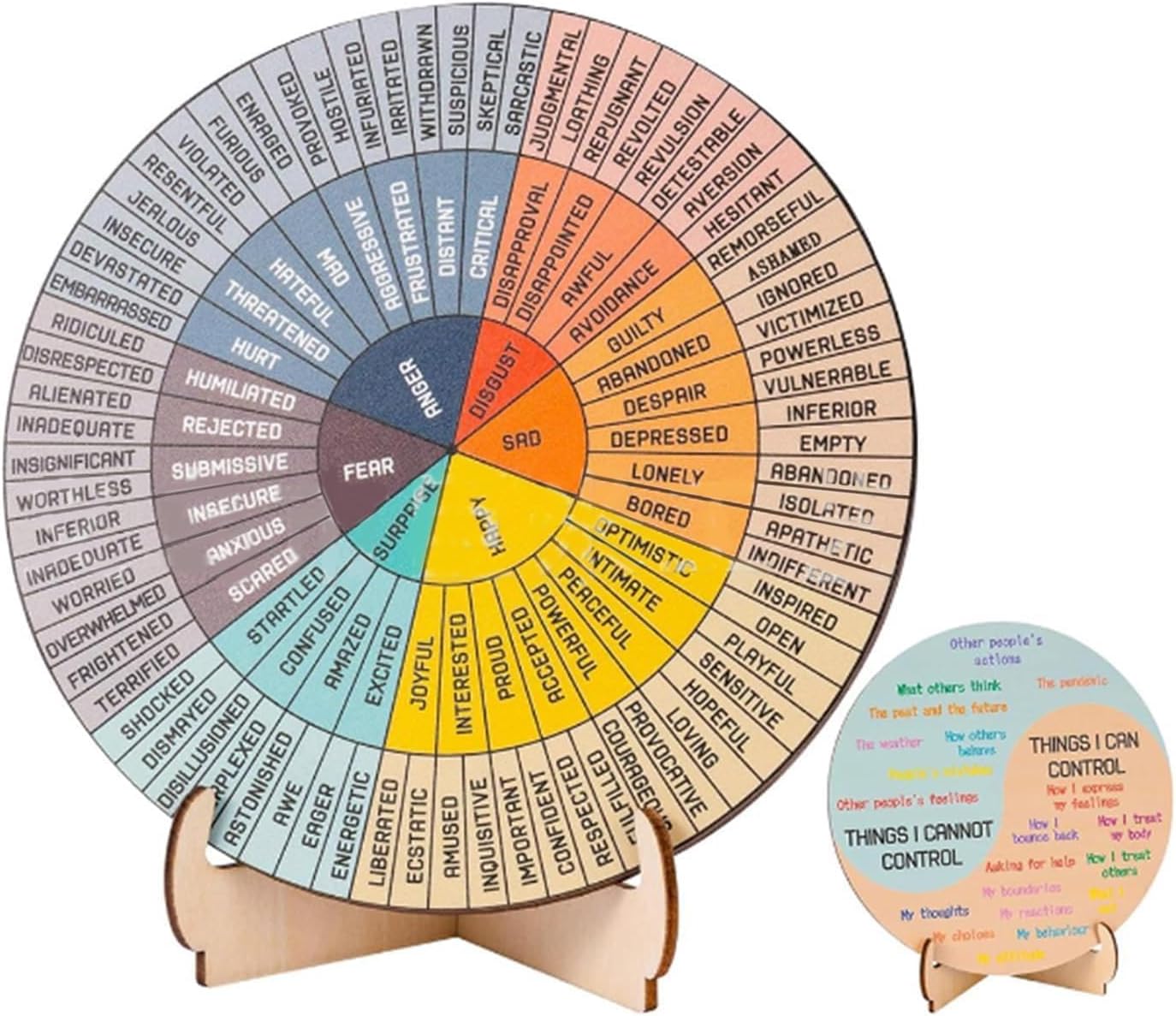 HARY Feelings Wheel with Stand, Wooden Emotion Wheel Chart for Adults, Mental Health Emotions Chart, Therapist Gifts for Women & Men, Home Office Decor