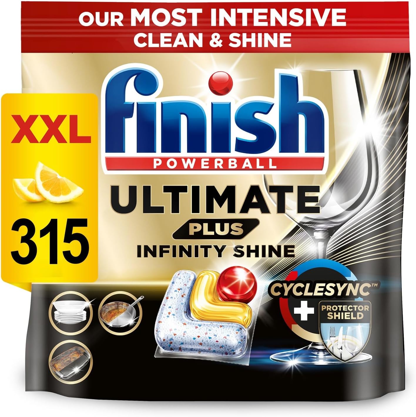 Finish Dishwasher Tablet, Ultimate Plus Infinity Shine, 315 Tabs (105 x 3pck), Lemon Sparkle, Tough on Grease, Our Most Intensive Clean & Shine, Effective for Short Eco Cycle