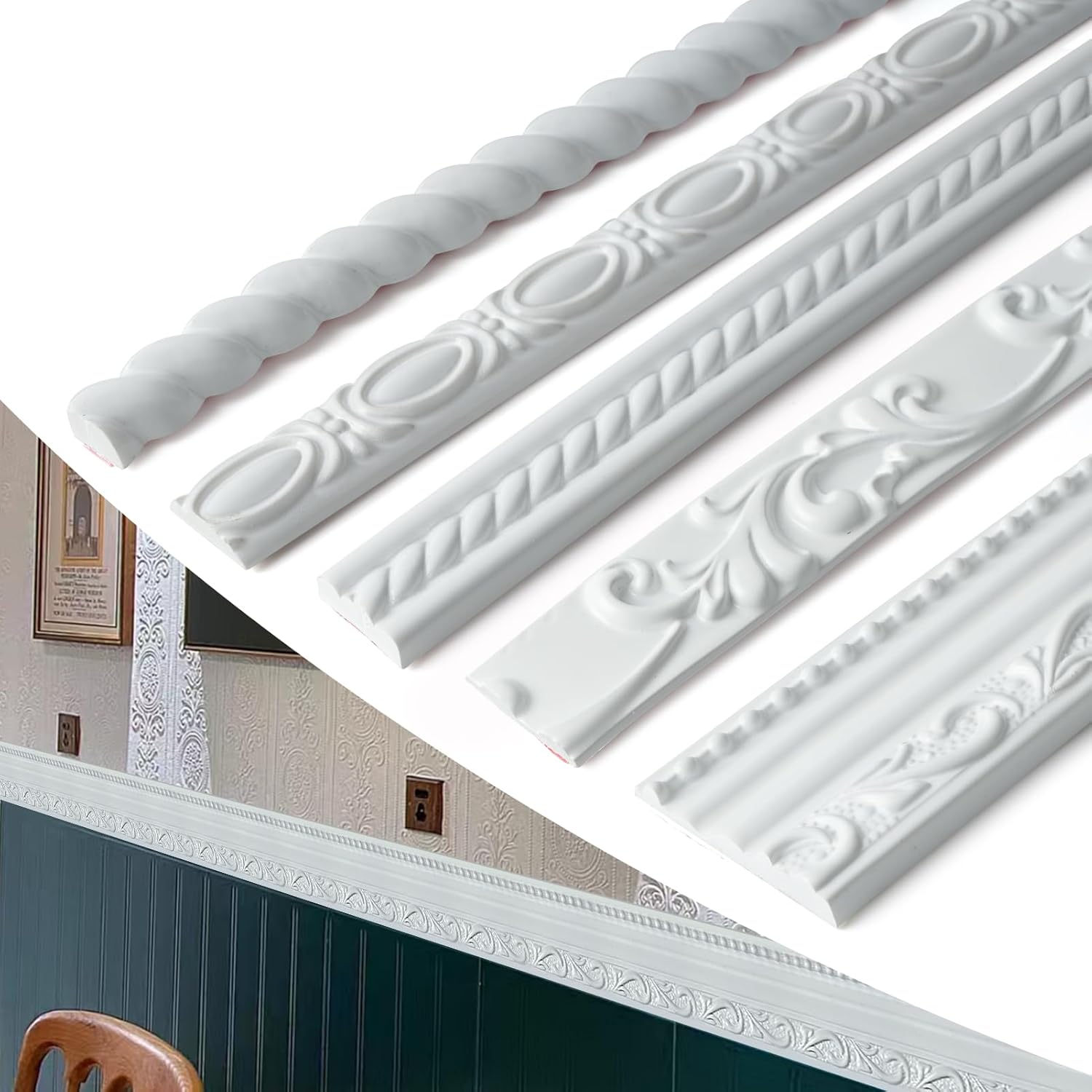 Self-Adhesive Flexible Chair Rail Classic Wall Molding PVC Decorative White Trim - 1.97IN*0.43IN, 10FT Roll, Peel and Stick Wall Trim,Easy DIY for Wall Waistline, Frame or Home Decor