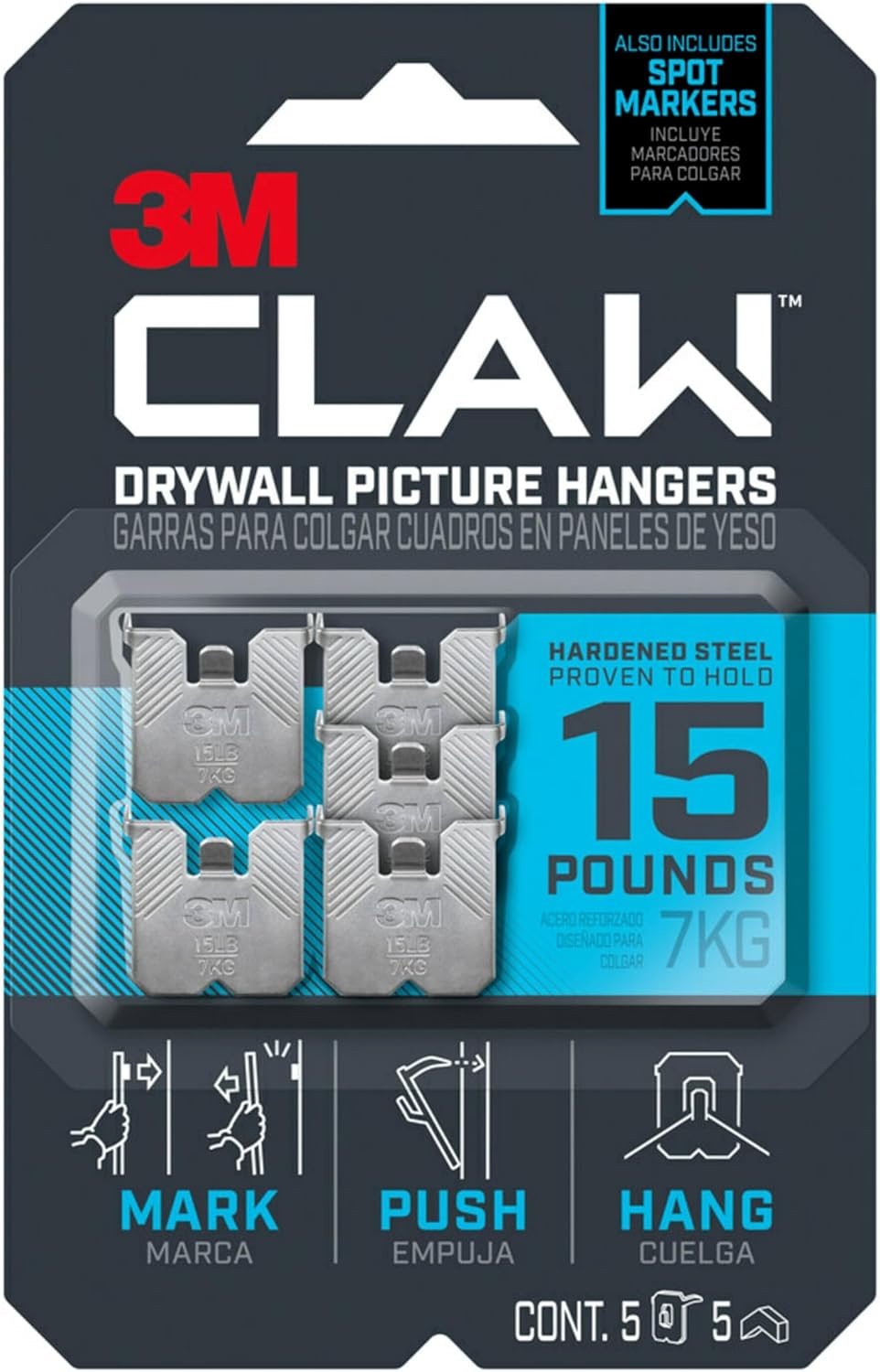 3M CLAW 15 lb. Drywall Picture Hanger with Spot Markers, Heavyweight Hanging Solution for Room Decor and Office Decor, Including Mirrors or Large Art – 5 Pack