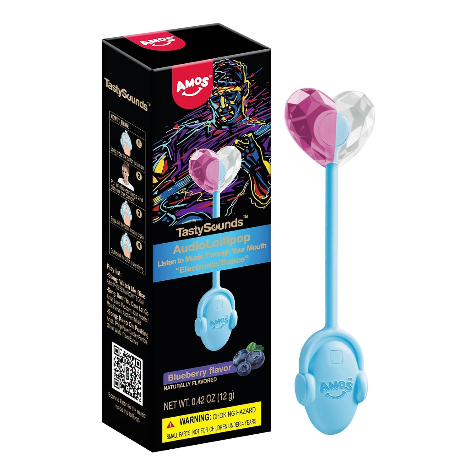 Amos Music Lollipop Candy, Audio Singing Lollipop, Individually Wrapped Natural Blueberry Flavor (1 Pack)