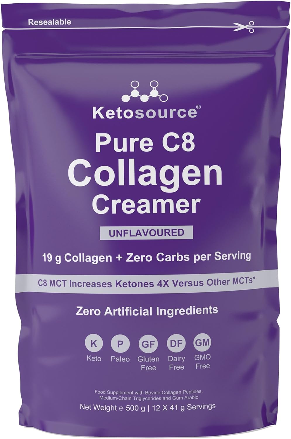 Pure C8 Collagen Creamer | Mixes Easily Without Clumping | Keto MCT Creamer For Coffee With Keto Collagen Powder | Zero Artificial Ingredients | 500g | Ketosource®