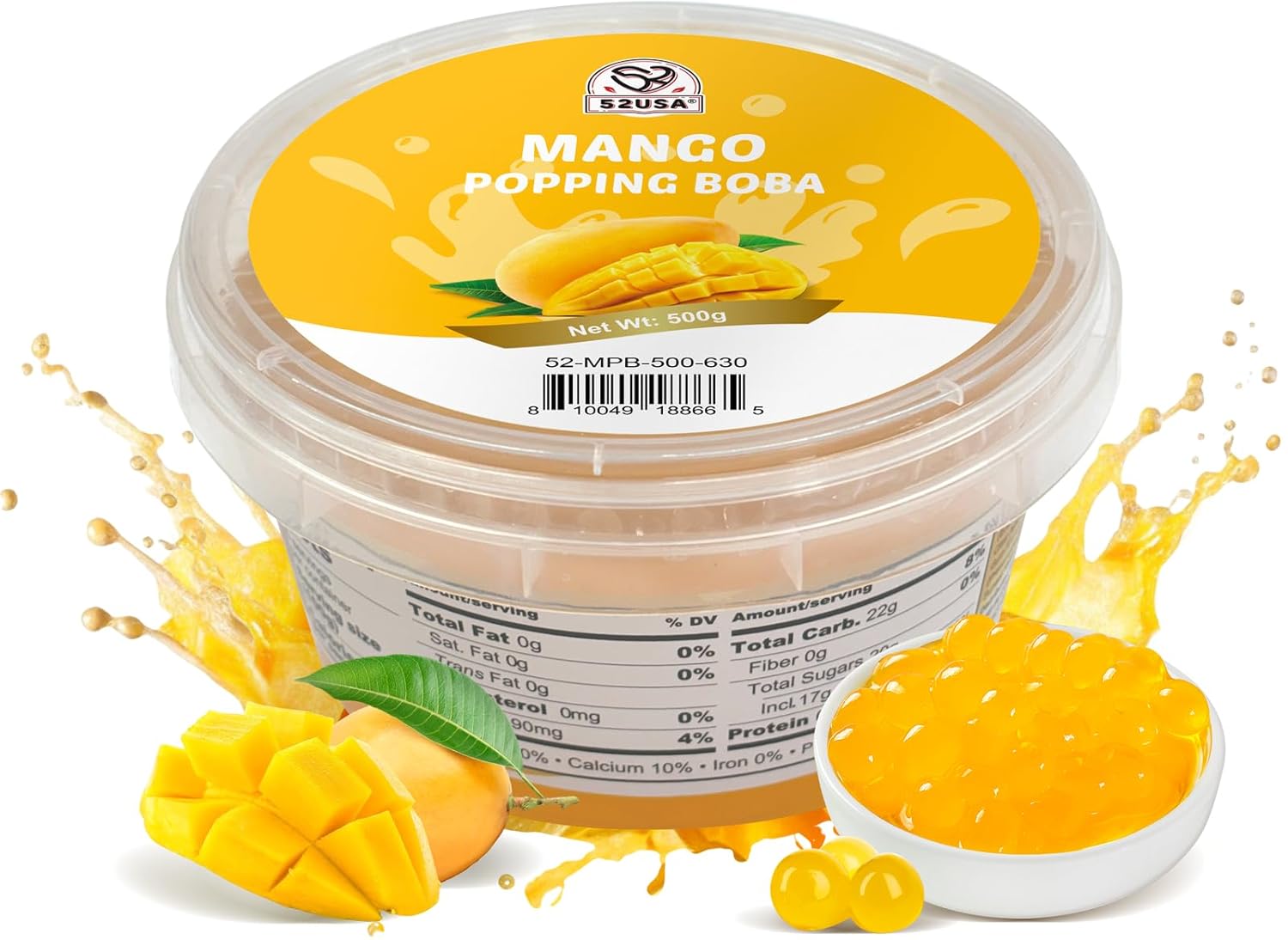52USA Mango Popping Boba (500g), Popping Pearls for Bubble Tea, Beverages, Sweets, Ice Cream, Shakes, Desserts & Smoothies Topping, 1.1 Pound (Pack of 1)
