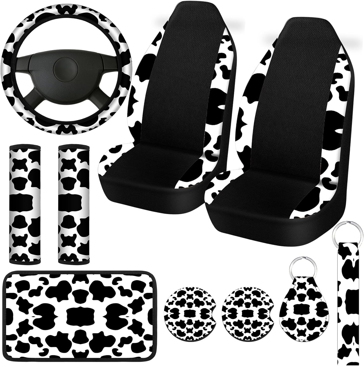 Timtin 10 Pcs Cow Print Car Accessories Cow Print Leather Car Seat Covers Rubber Steering Wheel Wrist Strap Armrest Seatbelt Pads Keychain for SUV, Van, Truck Cute Automobile Interior Women