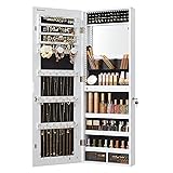 SONGMICS Mirror Jewelry Cabinet Armoire Organizer, Wall or Door Mount Storage Cabinet with Full-Length Frameless Lighted Mirror, Built-in Makeup Mirror, 2 Drawers, Lockable, White UJJC013W01