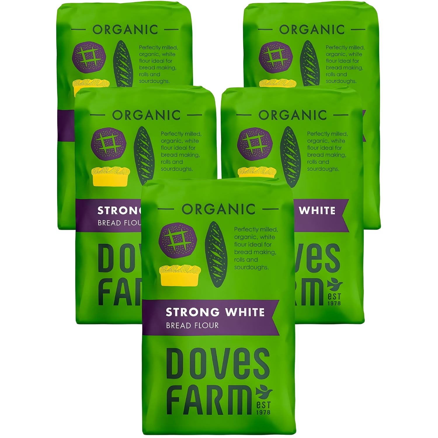 Doves Farm Organic Strong White Bread Flour 3.3 lb / 1.5 kg (Pack of 5) - High Protein British Baking Flour for Bread, Rolls and Sourdoughs | Kosher Certified & Vegan Friendly | Authentic UK Import