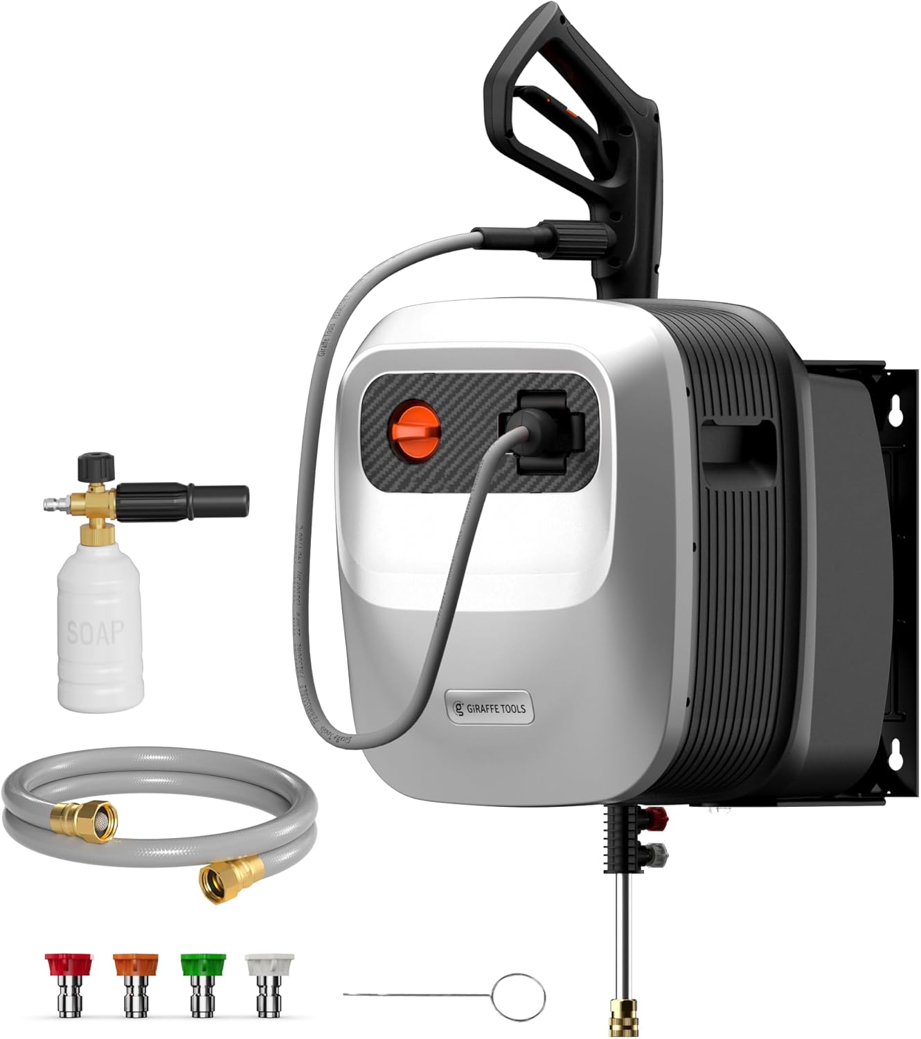 Giraffe Tools Grandfalls Pressure Washer G20 Pro, 2500 PSI 2.2 GPM, 180° Wall Mounted Power Washer, Auto-Retract with 65FT Hose Reel, 5 Nozzles for Floor/Cars/Fences/Patios, Light Silver