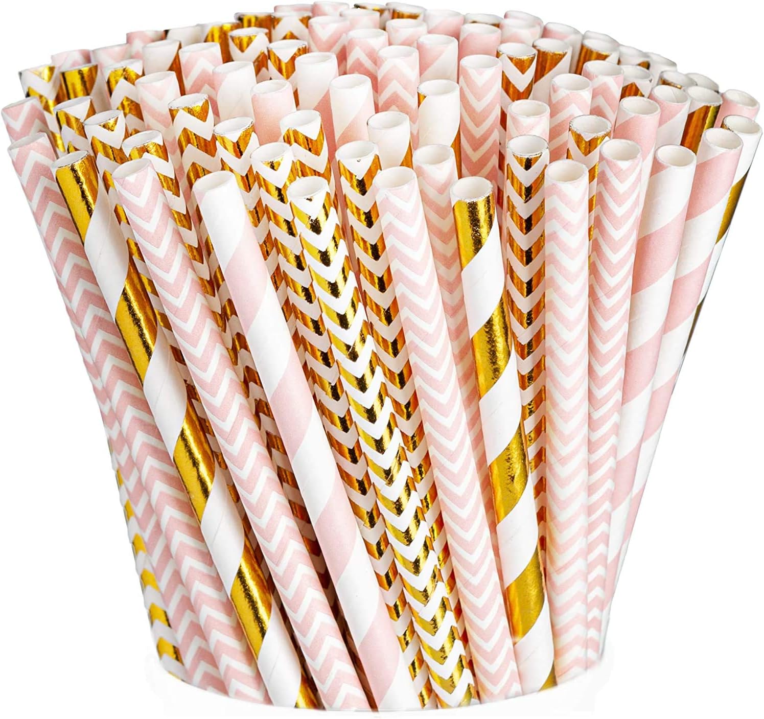 Gusto [200 Pack] Pink & Gold Paper Straws Disposable, 100% Biodegradable Multi-Pattern Party Straws for Birthday, Wedding and Holiday Decoration - Formerly Comfy Package