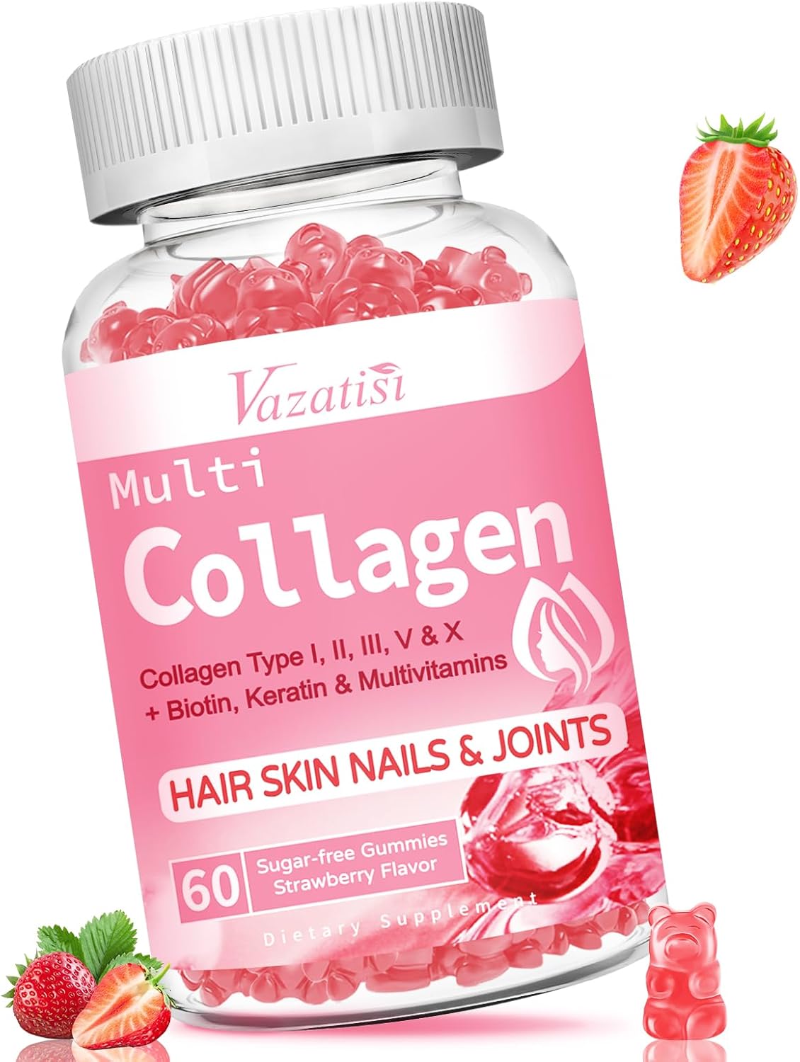 Collagen Gummies for Women Men, Sugar Free Protein Collagen Gummies, Hydrolyzed Collagen Peptide Type I II III V X with Biotin Vitamin C A B D E for Skin Hair Nails