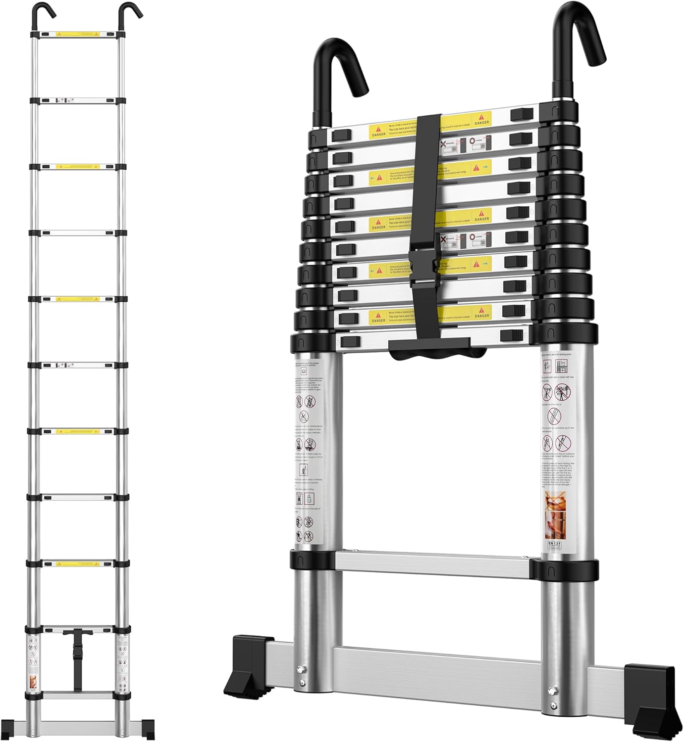 Telescopic Ladder 3.2M/10.5FT Aluminium Extension Loft Ladder with Stabilizer Bar and Detachable Hooks, Multi Purpose Extendable Portable Folding Ladders, 11 Steps, EN131