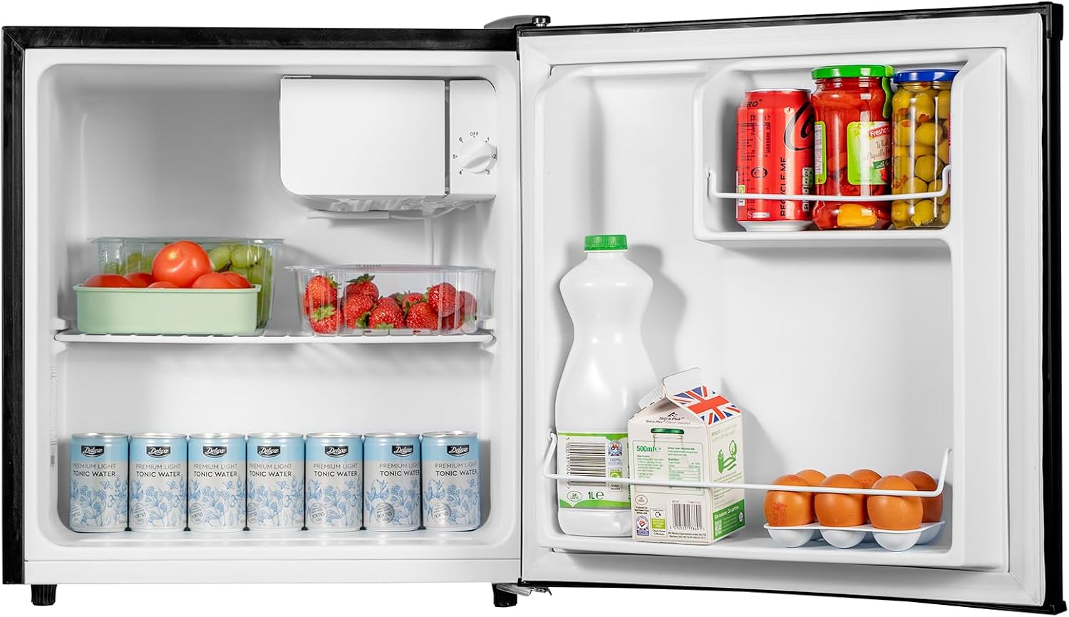 SIA AMZTT01BL Black Table Top Mini Fridge with Ice Box, 49L Drinks Beer Fridge, E Rated, Adjustable Thermostat, Ideal For Bedrooms, Caravans, Mobile Homes, 2 Years Parts and Labour Guarantee