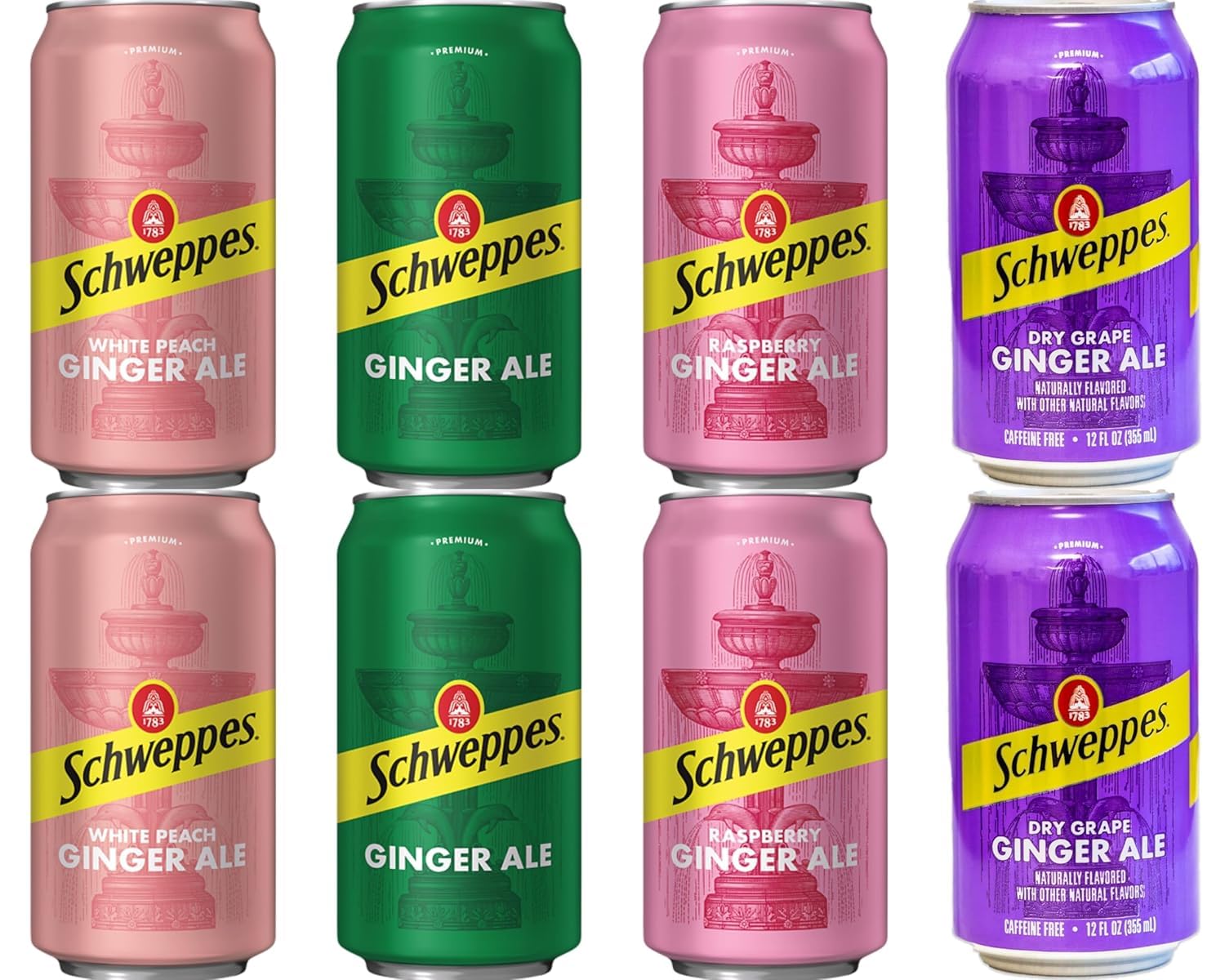 Schweppes Ginger Ale Variety Pack, 4 Flavor White Peach, Regular, Raspberry, Dry Grape, 12 fl oz cans