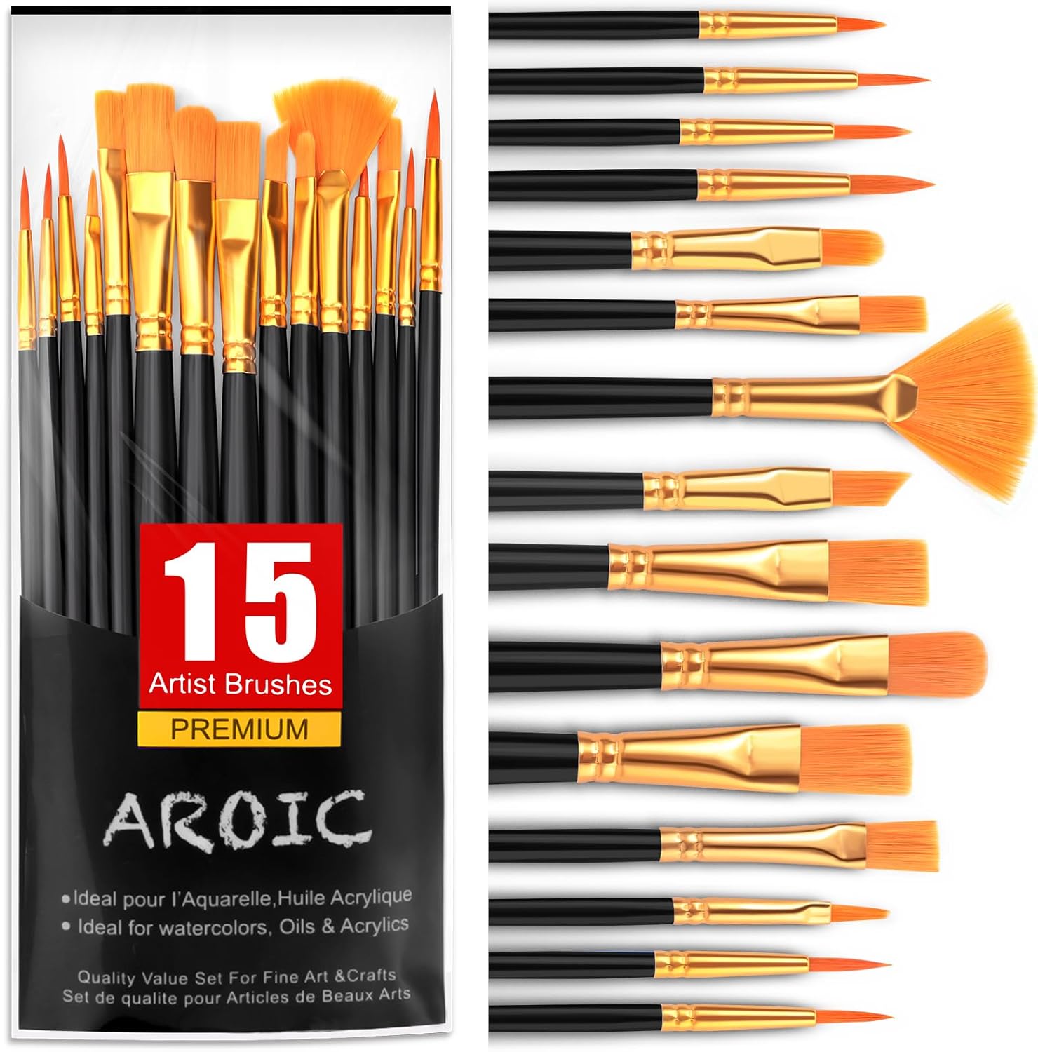 AROIC Acrylic Paint Brush Set,1pack/15pcs Nylon Hair Acrylic Painting Brush,Watercolor Rock Face Painting Brush, Artist Craft Brush Supplies, Paint Brush Set for All Purposes Children Adult Painting.