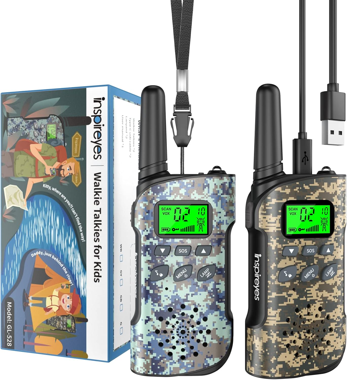 Inspireyes Walkie Talkies for Kids Rechargeable, Easter Gifts for Kids, Boys Girls Ages 3-12, 2-Pack Camouflage Kids Toys, Long Range 48-Hour Battery, Outdoor Camping Games Toys