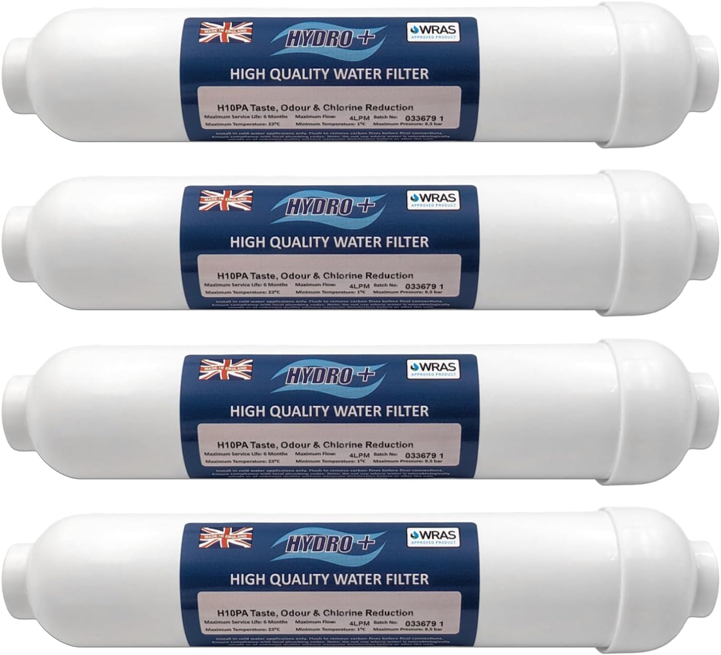 HYDRO+ H10PA Inline Fridge Water Filter | Activated Carbon Fridge, Water Cooler & Kitchen Tap Filter | Universal 1/4" Push Fit Water Filter Cartridge | Samsung, LG, GE, Bosch, Daewoo, Neff, Siemens (4 Pack)