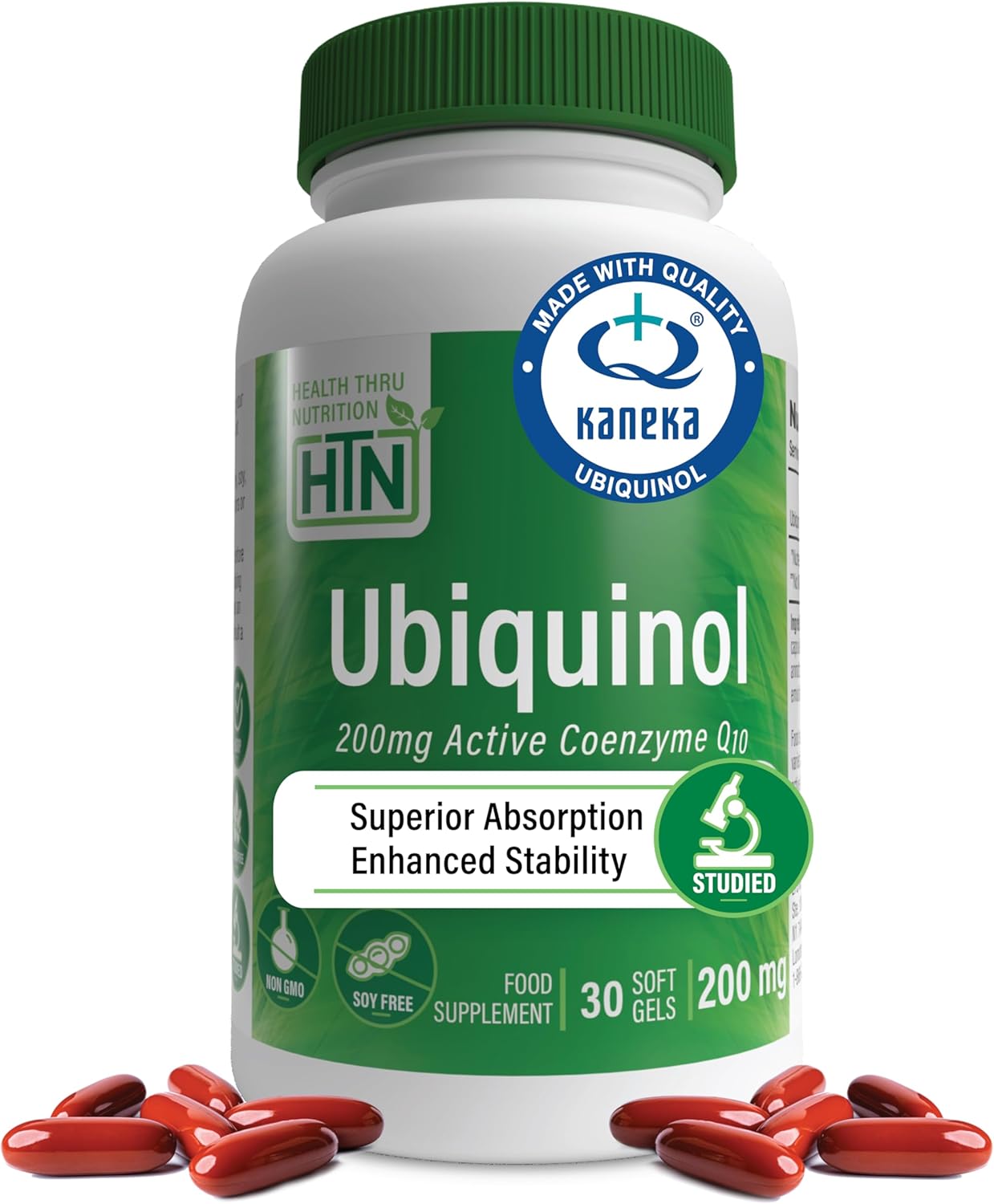 Ubiquinol 200mg as Kaneka QH Reduced CoQ-10 | Stabilized - 3rd Party Tested | Enhanced Bioavailability | Cardiovascular & Mitochondria Function Support | Non-GMO by Health Thru Nutrition (Pack of 30)