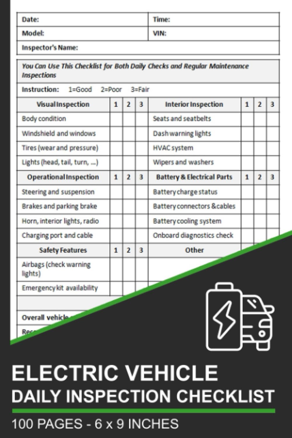 Electric Vehicle Daily Inspection Checklist: Electric Vehicle Inspection Report Book | Electric Vehicle Safety and Maintenance Inspection Form