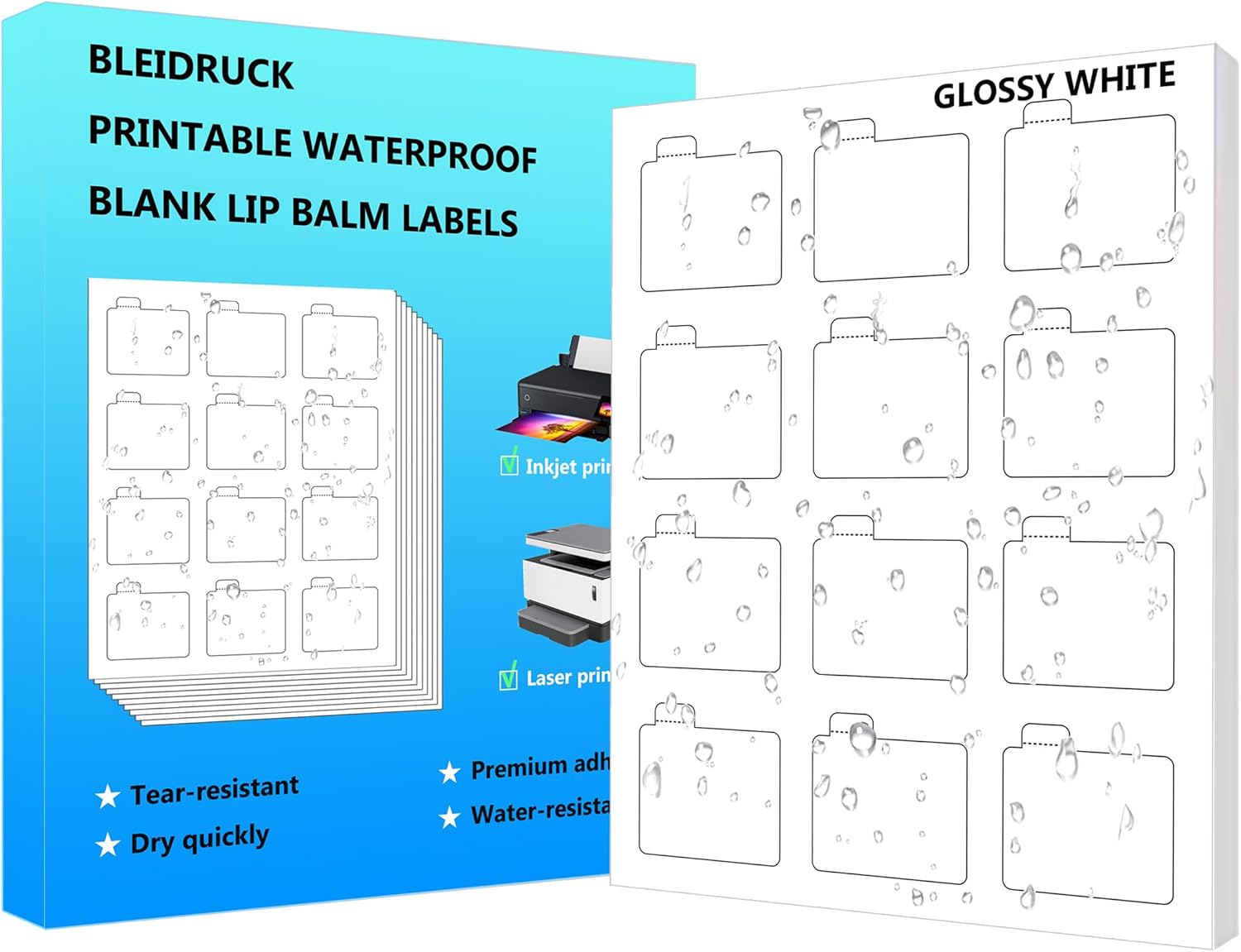 Glossy White Printable Lip Balm Labels for Tubes, 2-3/16" x 2-1/8" Blank Waterproof Stickers for Lip Stain Bottles, 20 Sheets 240 Total Permanent Adhesive Labels for Laser or Inkjet Printers