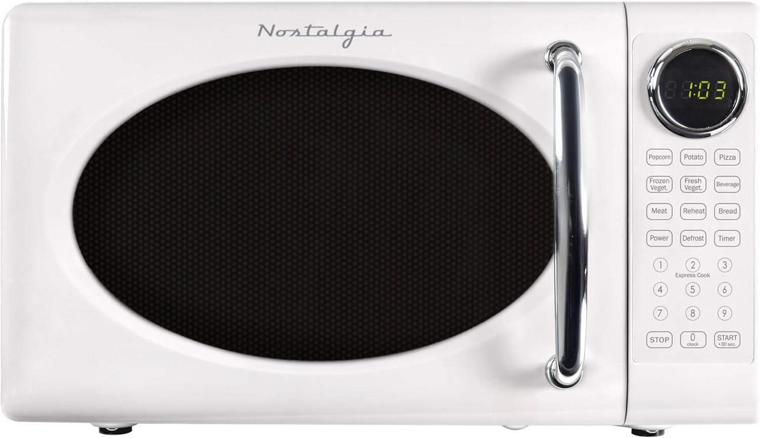 Nostalgia Retro Microwave Oven 0.7 Cu Ft, 700-Watt Countertop Size with Glass Turntable, Child Safety Lock, 8 Auto-Cook Programs, Digital Clock, White