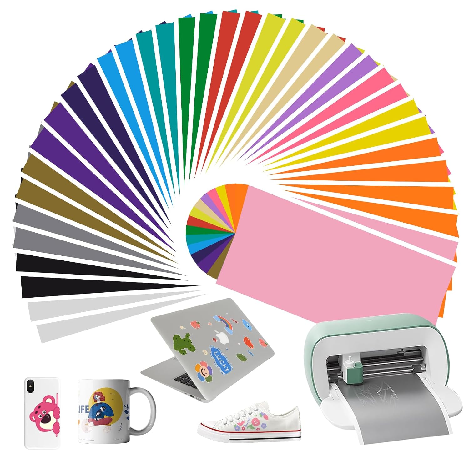 ZephyrCraft 44 Pack Permanent Vinyl Sheets for Cricut 30.5x14 cm, 18 Assorted Colors Self Adhesive Vinyl With 8 Transfer Film Set for Machines, DIY Patterns, Deco Sticker
