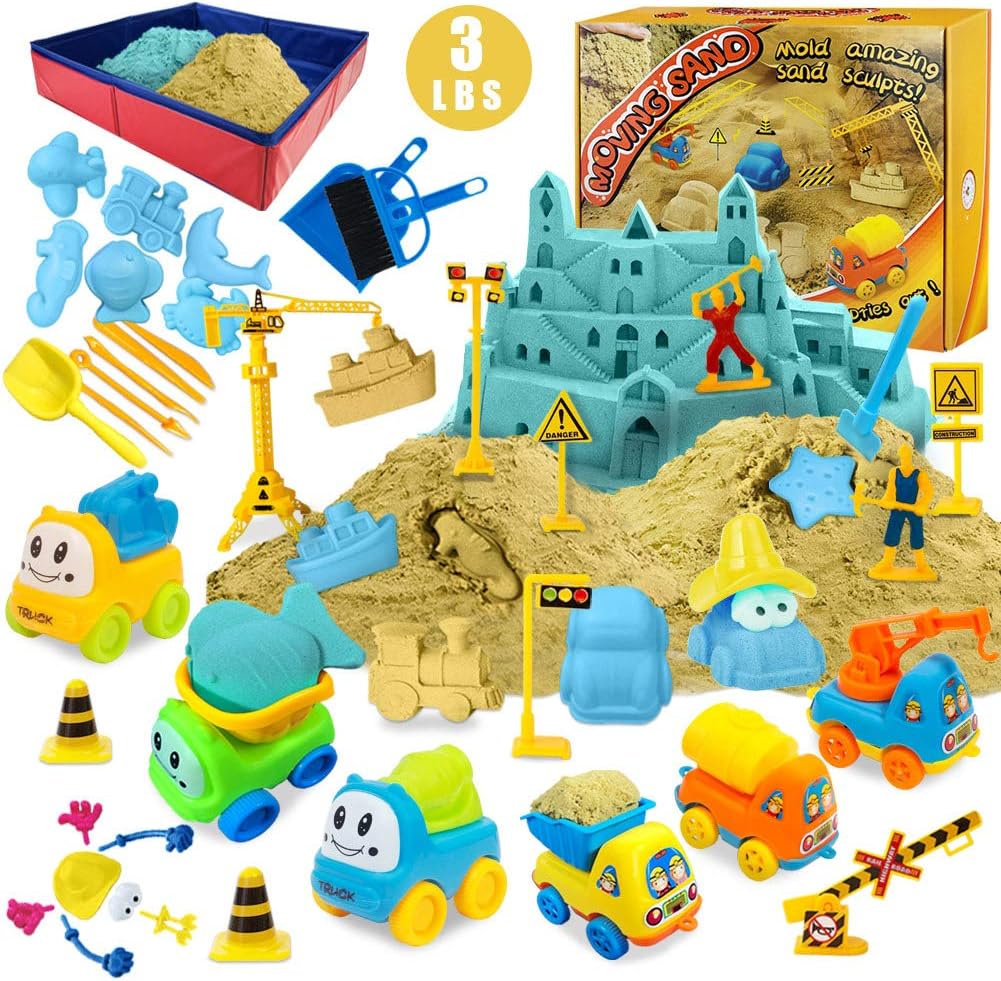 ESSENSON Play Construction Sand Kit - 3lbs Sand with 2 Colours, 6 Mini Construction Trucks, Construction Toys and Signs Gifts for Boys Girls
