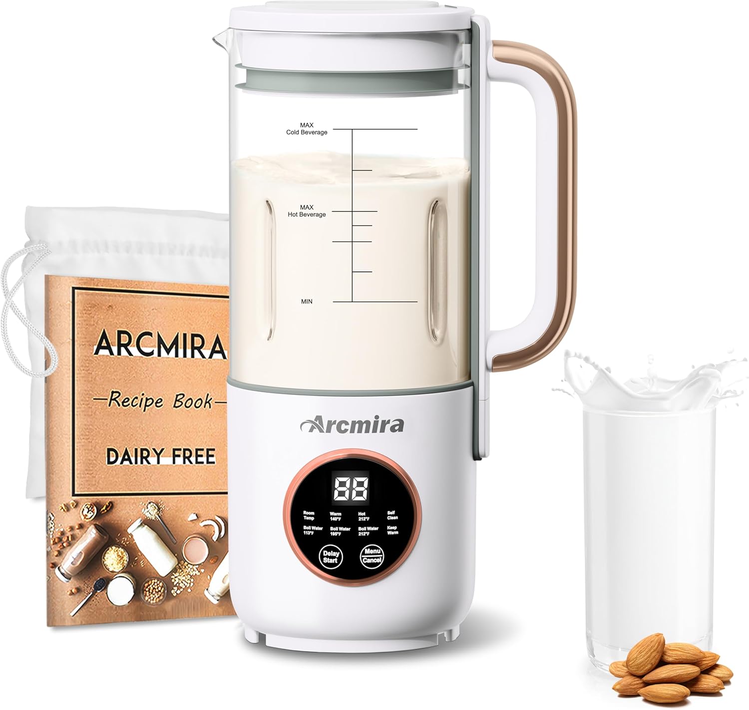 8 in 1 Automatic Nut Milk Maker, 10 Blade 35 oz Homemade Oat, Soy, Plant-Based and Dairy Free Beverages, Almond Milk Maker with Delay Start/Keep Warm/Boil Water, Soy Milk Maker with Nut Milk Bag