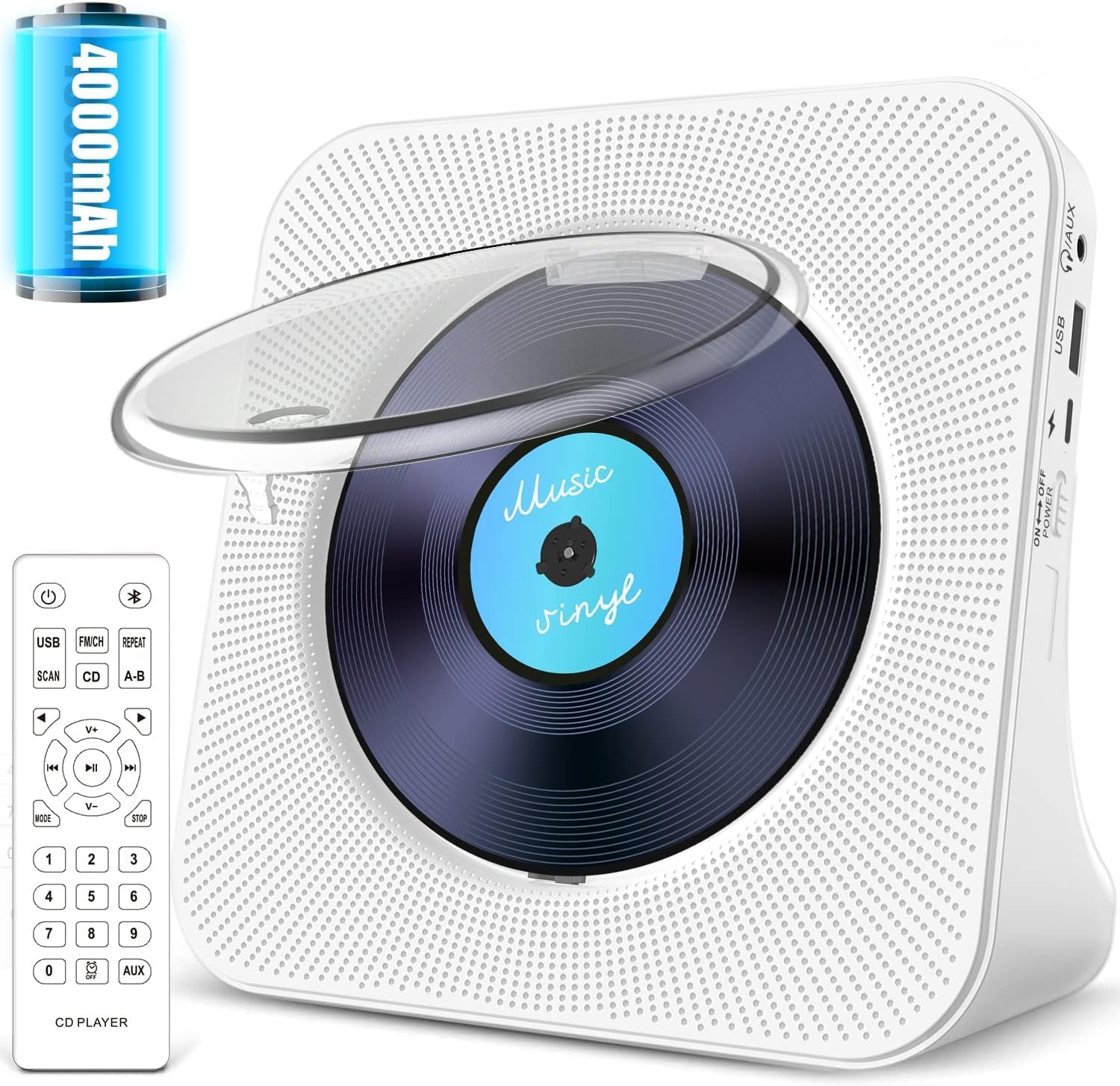 4000mAh Rechargeable CD Player with Bluetooth: Portable CD Music Player with HiFi Speaker,Remote Control,LCD Display,Sleep Timer, FM Radio,Headphone Jack, Supports U-Disk/AUX for Home Kpop Lover