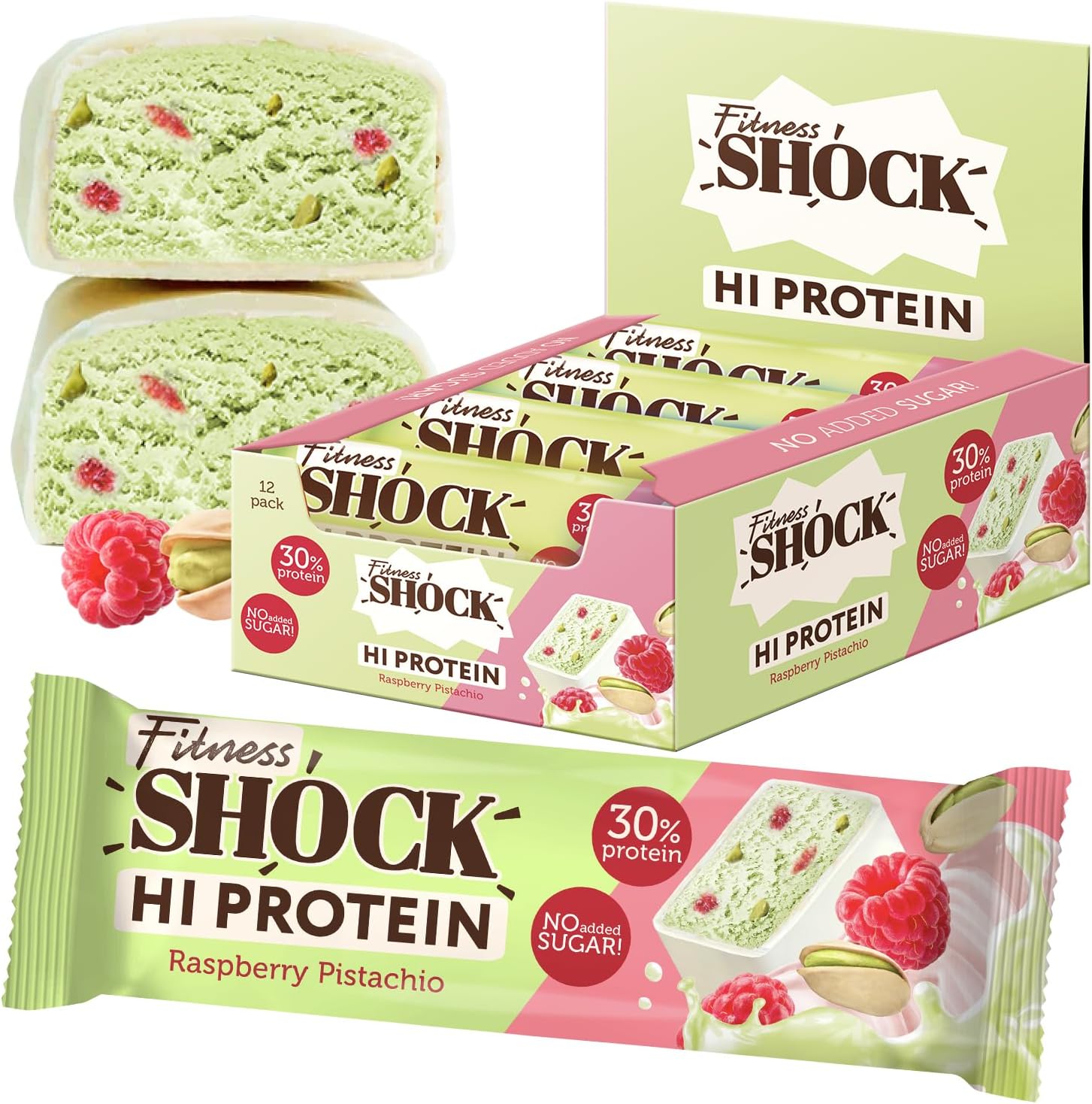 FitnesSHOCK High Protein Bars, 12g Protein, Low Carb, No Added Sugar, Low Calorie 138 Kcal, 5g collagen, Fiber-Rich, Pistachio Raspberry Flavor 12x40g