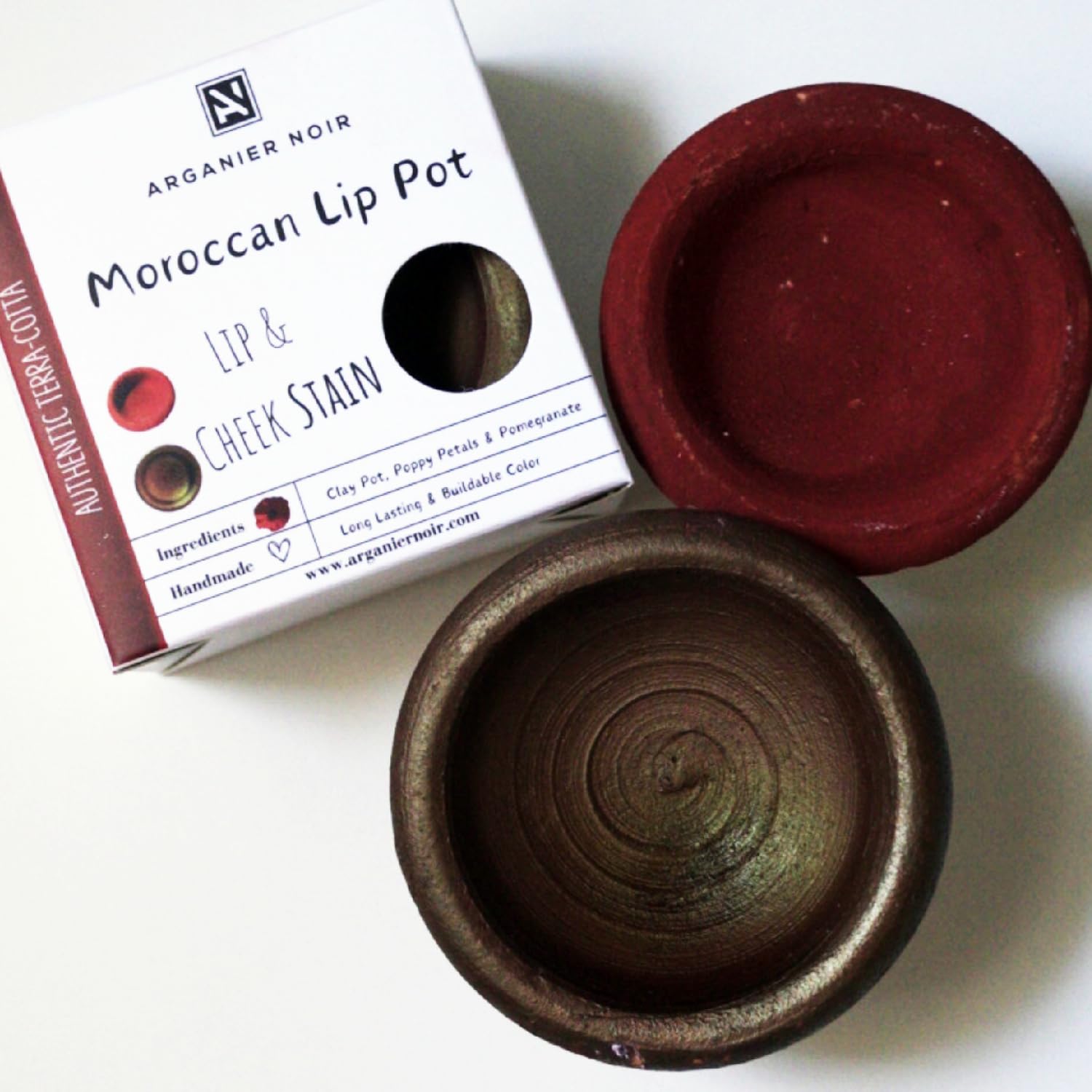 Arganier Noir Aker Fassi Set of 2 Moroccan Lip Pot Two Authentic Terracotta Pot Red and Brick Cheek Tint. Moroccan Lipstick.