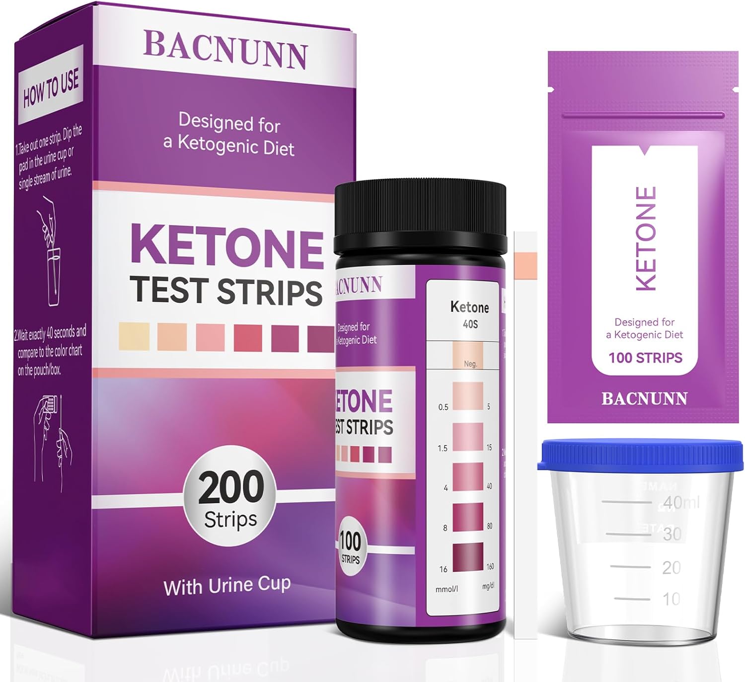 Ketone Test Strips - Upgraded 200 Keto Strips Urine Test for Ketogenic & Low-Carb Diets with Urine Cup - Ketosis Home Urinalysis Keto Sticks