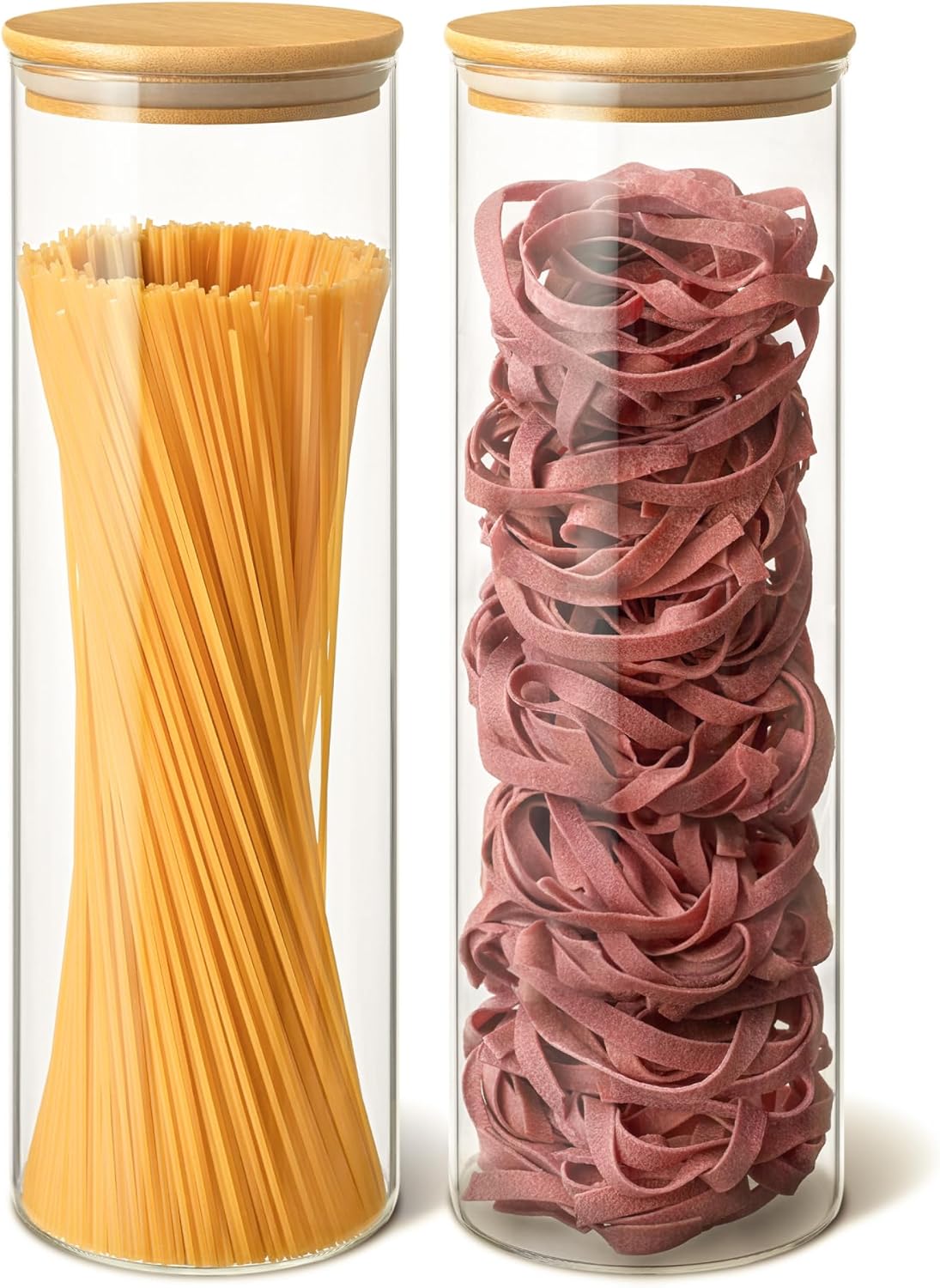 Praknu Glass Jars with Bamboo Lids - Set of 2 Tall 2000ml Round Pasta Jars - Airtight Spaghetti Jar Storage