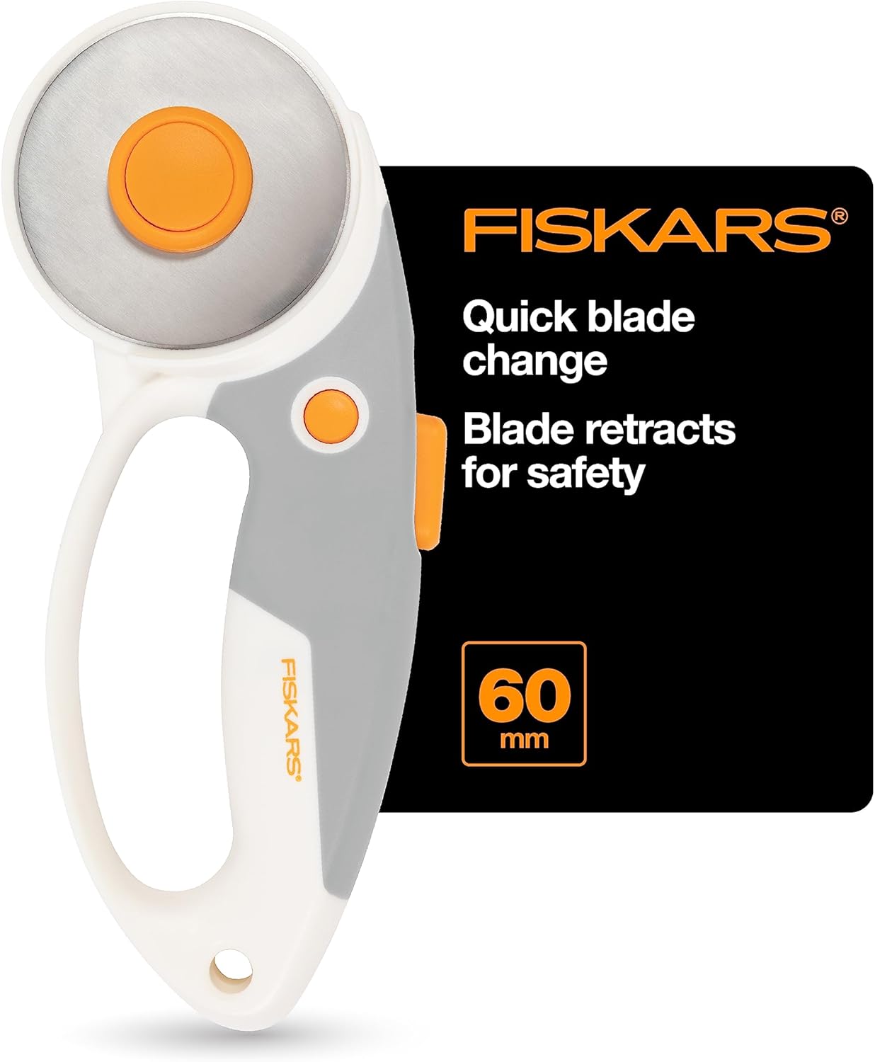 Fiskars 60mm Rotary Cutter for Fabric with Ergonomic Loop Grip And Comfort Handle, Titanium Rotary Fabric Cutter for Thick Materials, Easy and Safe Blade Change, Sewing Supplies and Quilting Tools