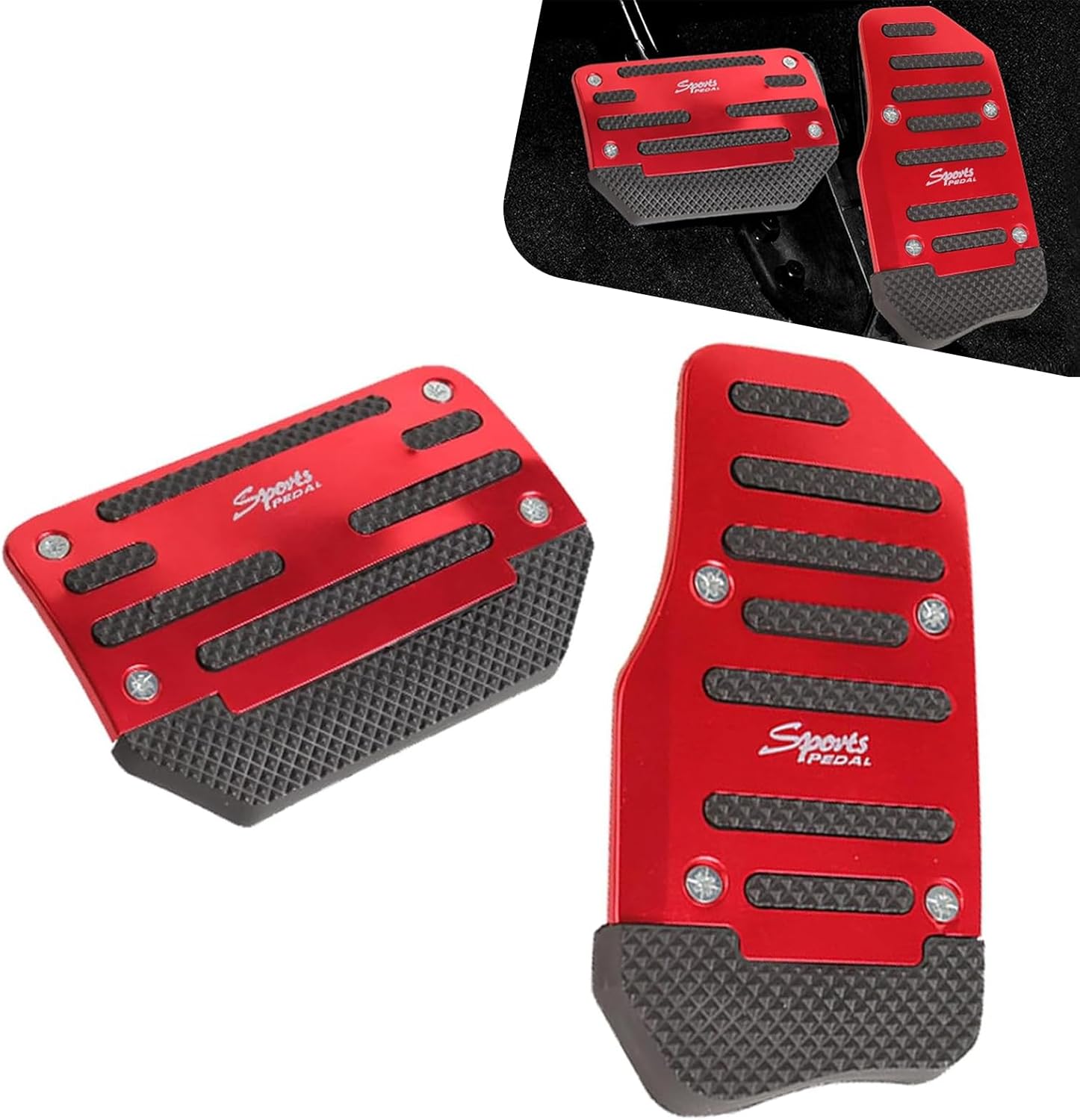 2 PCS Automatic Car Pedal Cover Kits, Non- Slip Alloy Brake Pedal Gas Pedal Cover, Sport Stytle Pedal Decoration and Protection, Punch-Free Foot Pedal Pad Replacement for Most Cars (Red)