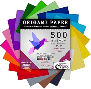 Origami Paper 500 Sheets Premium Quality for Arts and Crafts 6" Square Sheets 20 Vibrant Colours Same Colour on Both Sides 100 Design Ebook Included (See Back of Cover for Download info)