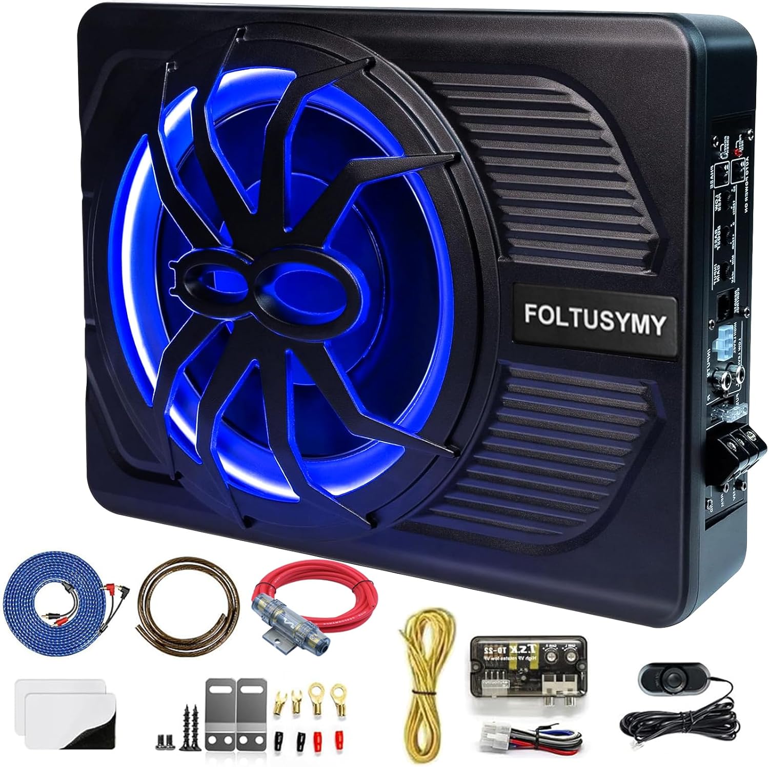 10" 800W Powered Car Subwoofer, 2024 Slim Under Seat Car Subwoofer Powered, High/Low Level Input, Car/Truck Audio Sub Built in Amplifier with Blue LED Ambient Light