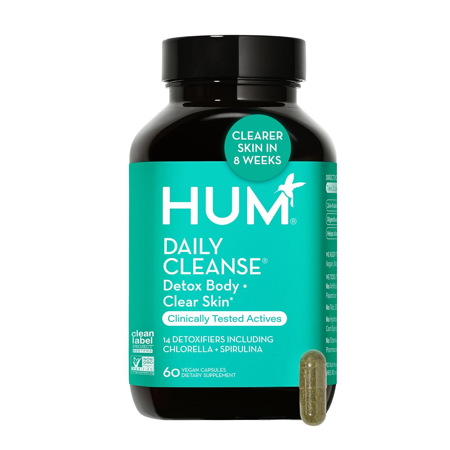 HUM Daily Cleanse Acne Supplement - Gut Cleanse Detox for Clear Skin with Organic Algae, Detoxifying Herbs, Zinc & Spirulina | Clear Skin Supplement (60 Capsules)