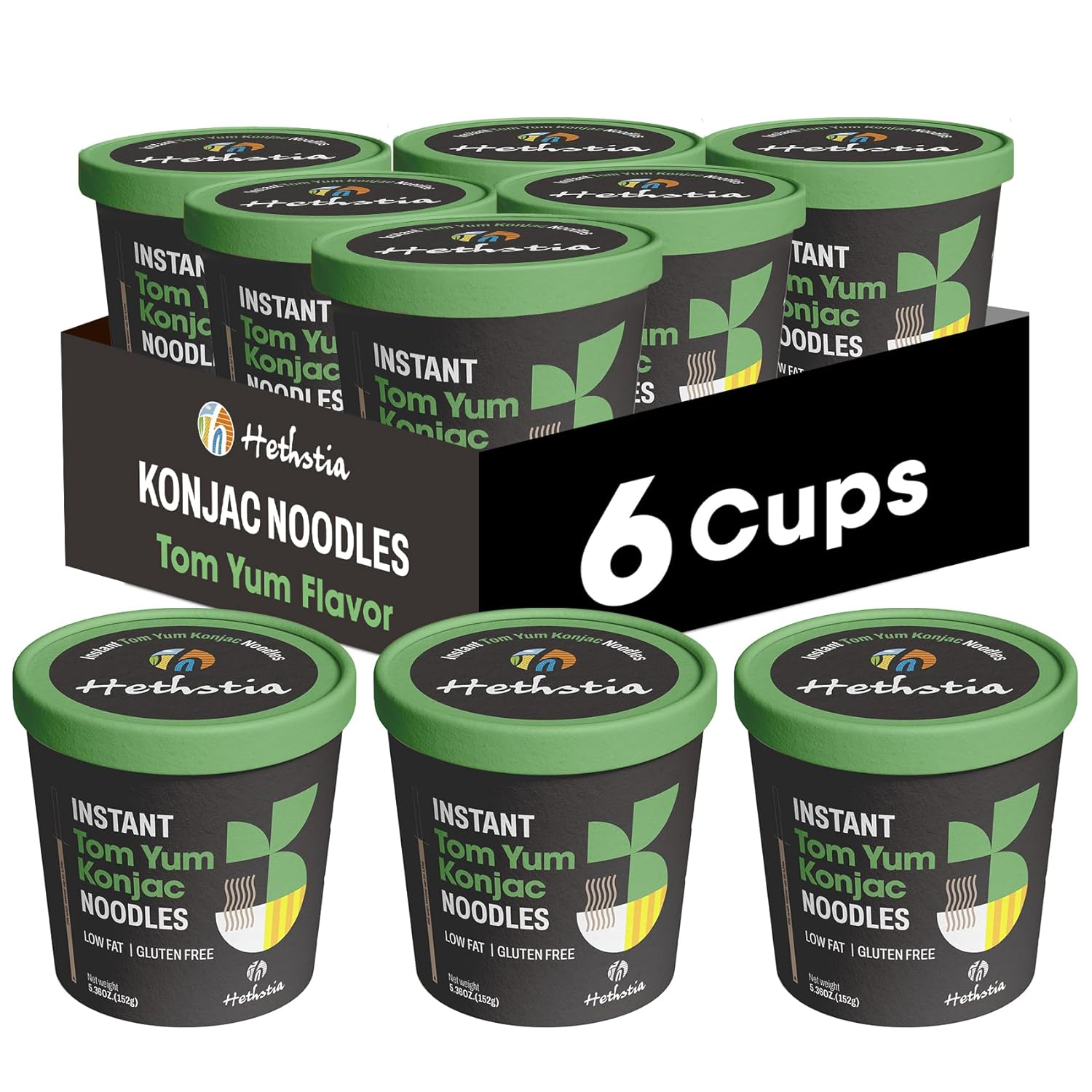 Hethstia Shirataki Noodle Tom Yum Soup Cups- 6-Pack Konjac Angel Hair Pasta, Low Carb, Ready-to-Eat Tom Yum Noodle Broth, Low GI, Healthy Asian Ramen, Keto-Friendly, Holiday Food Gift