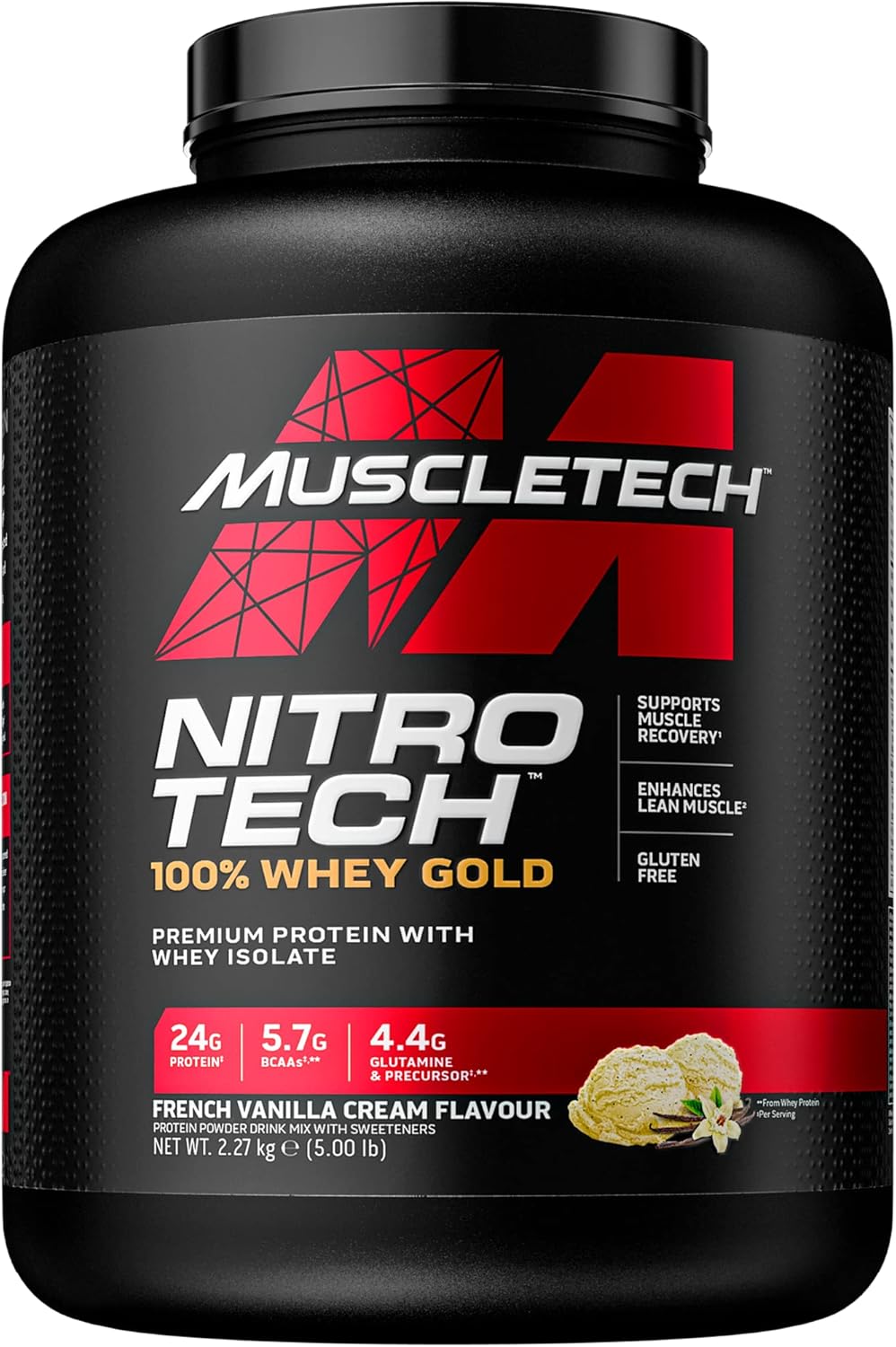 MuscleTech NitroTech 100% Whey Gold Protein Powder, Build Muscle Mass, Whey Isolate Protein Powder & Peptides, Protein Shake For Men & Women, 5.5g BCAA, 71 Servings, 2.27kg, French Vanilla Cream