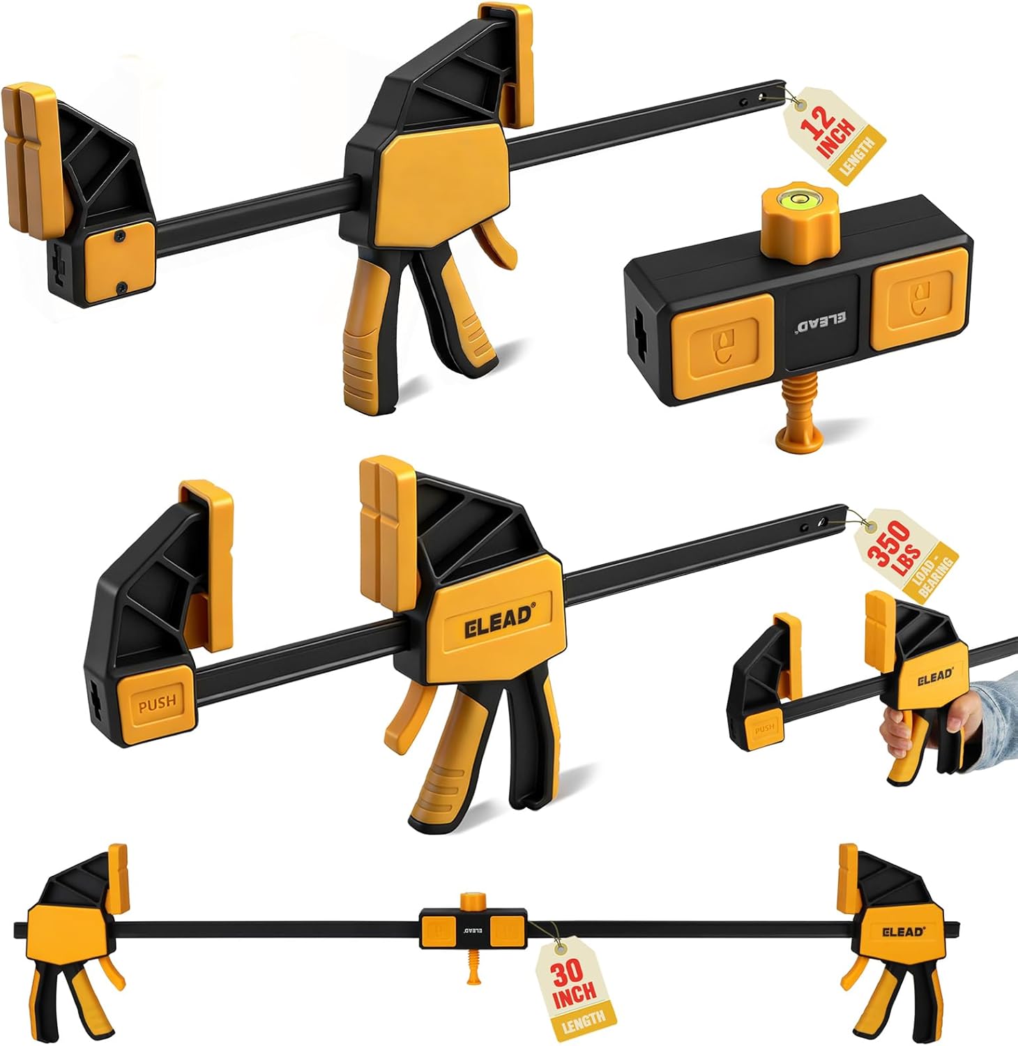 3-Pack 12-Inch Bar Clamp for Woodworking with Leveling Block Clamp, 350LBS Load Limit, Heavy Duty Quick-Release Wood Clamps/Spreader, One-Handed F Clamp for Wood Working