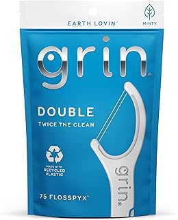 GRIN Double Flosspyx, Floss Picks, 75 Count, Dental Flossers, Minty Flavor, Recycled Plastic, 2 Lines of Strong Floss, Longer Floss Head, Traps Food and Plaque, Includes Safe Soft Fold-Back Tooth Pick