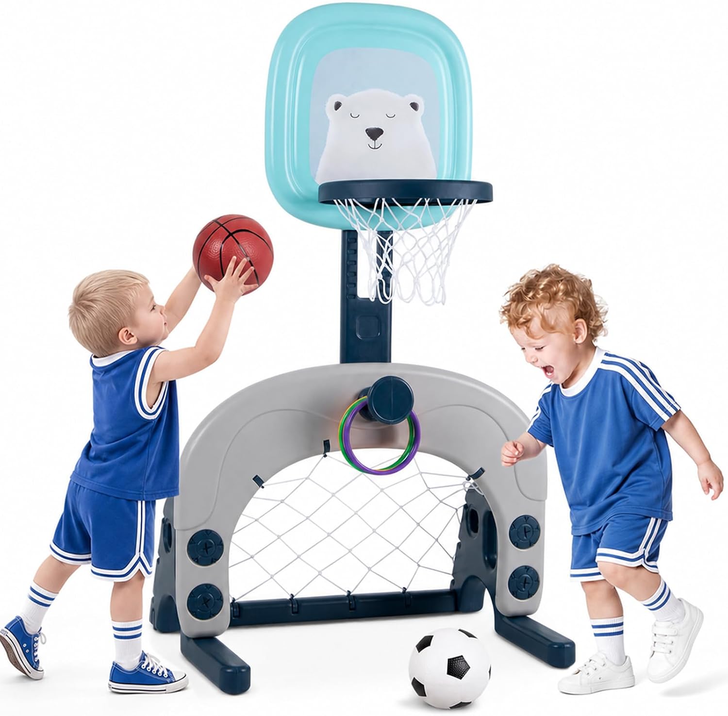 Basketball Hoop Set, 3-in-1 Kids Basketball Stand Sports Activity Center Adjustable Easy Score Basketball Hoop, Football/Soccer Goal/Ring Toss, Best Gift for Toddlers Kids Boys & Girls