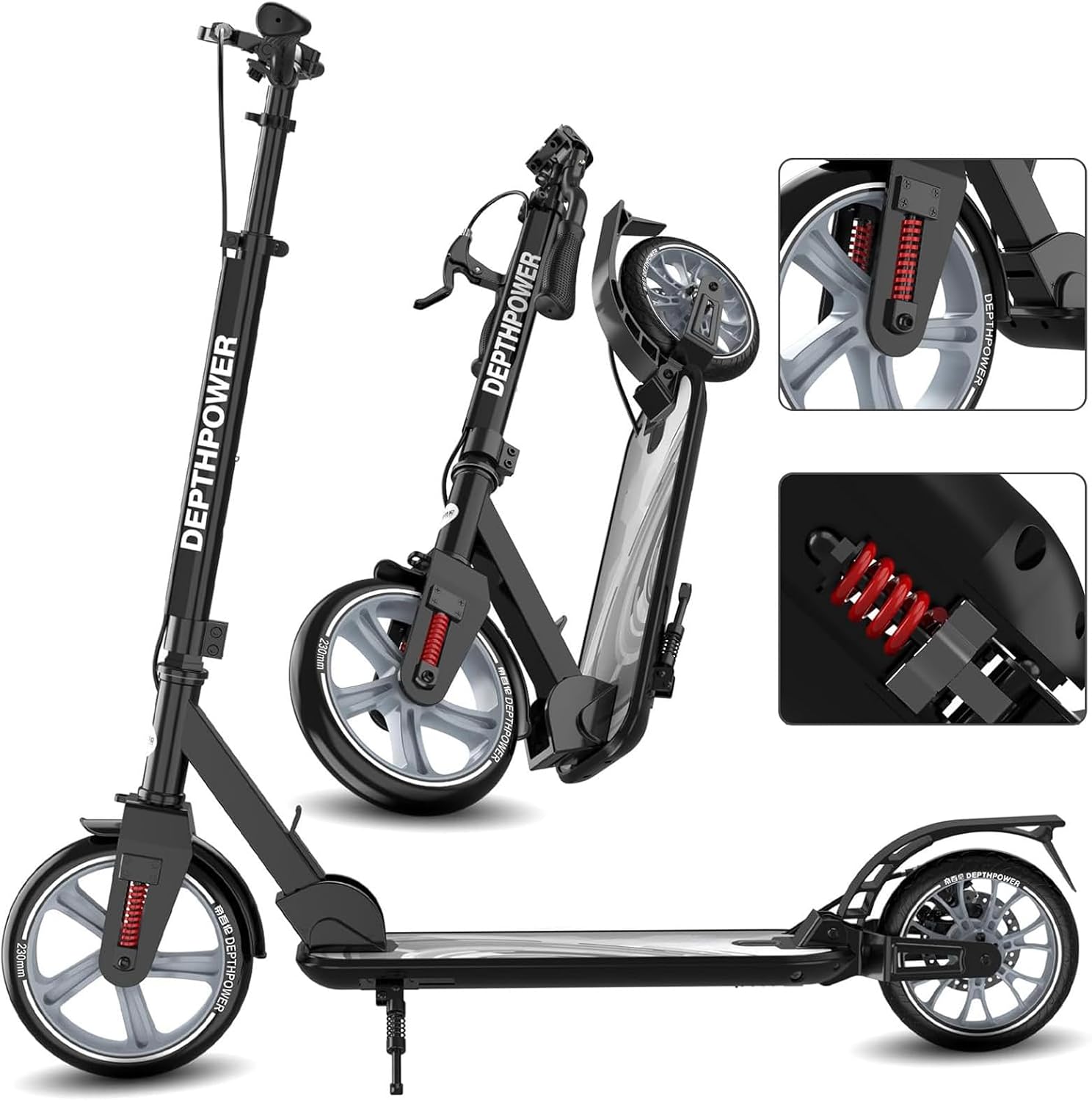 Big Wheels Kick Scooter for Kids Ages 6+, Teens and Adults, Max Load 300 LBS, Foldable - 2-Wheel Commuter Adult Scooters with Hand Brake & Shock Absorption, Adjustable Handlebar, Bearing ABEC9