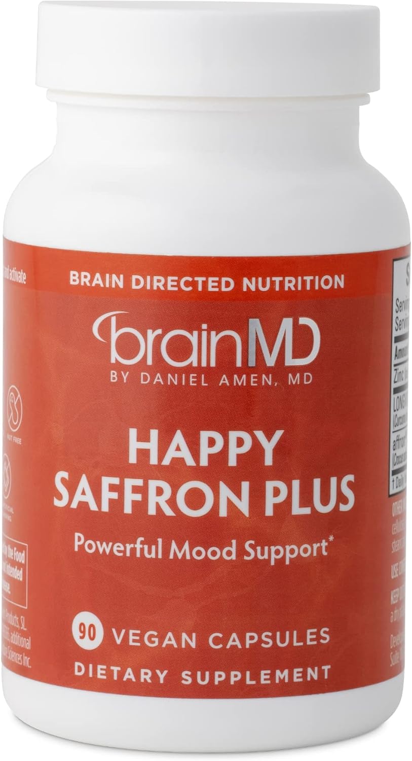Dr Amen BrainMD Happy Saffron Plus - 90 Capsules - With Saffron Flower Extract, Curcumin & Zinc - Vegan, Gluten Free - 30 Servings