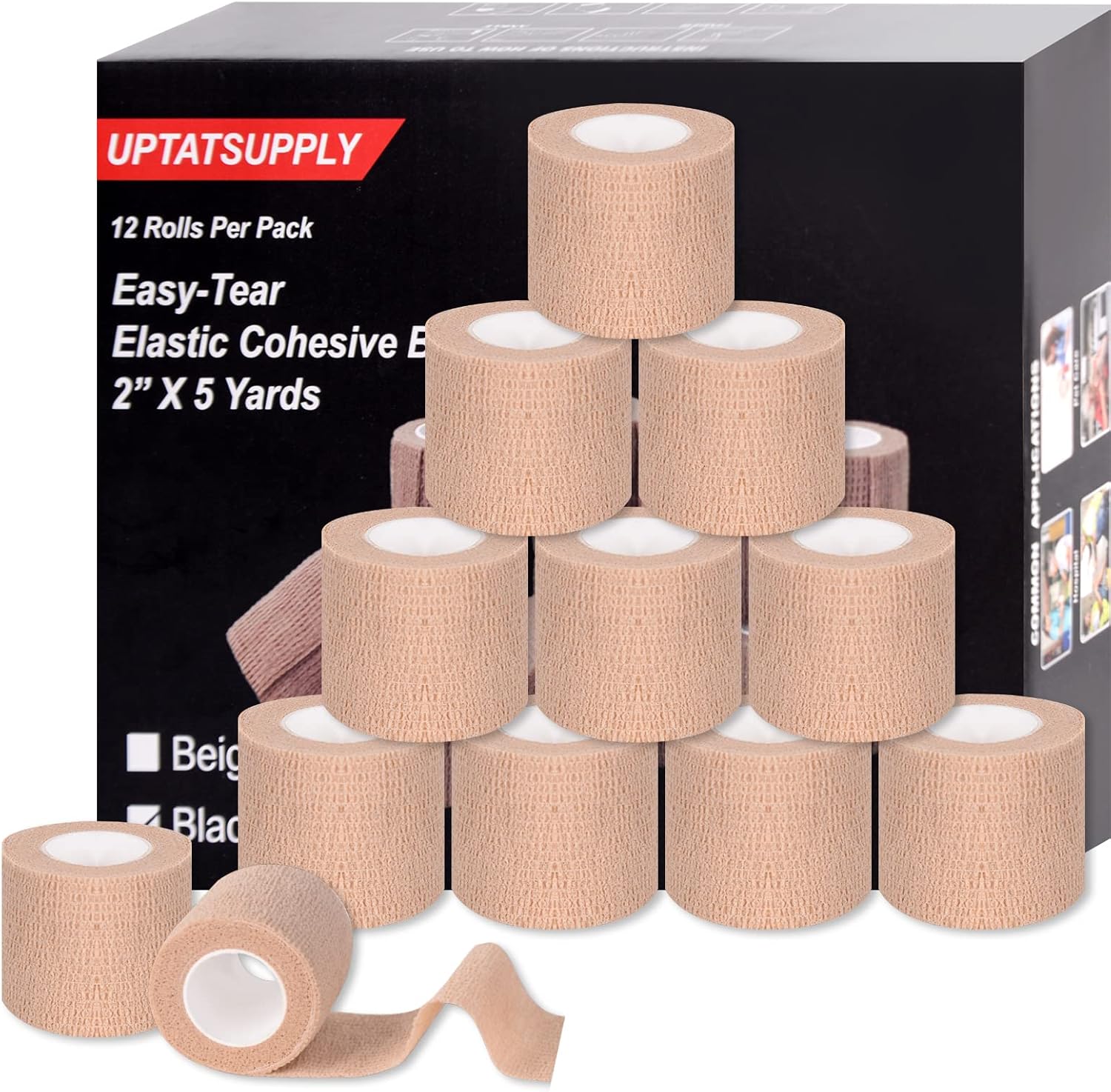 Self Adhesive Bandage Wrap 12 Pack,Sports Tape 2" X 5 Yards, Multi-Purpose Non-Woven Cohesive Wrap, First Aid Tape, Elastic Cohesive Bandage, Medical Tape for Stretch Athletic, Sports, Wrist, Ankle